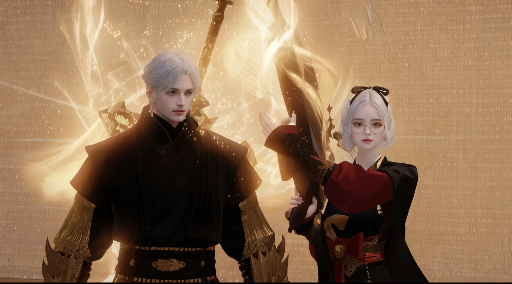 il y a deux personnes habillées en costumes tenant des épées et une épée, in dark dresses with gold accents, plan moyen de deux personnages, Hidari et Vlop, wear golden red dresses, cinématique des porteurs d'ombres, Ruan Jia et Brom, nixeu et sakimichan, wear golden dresses, Yiqiang et Shurakrgt, Porter des robes fluides