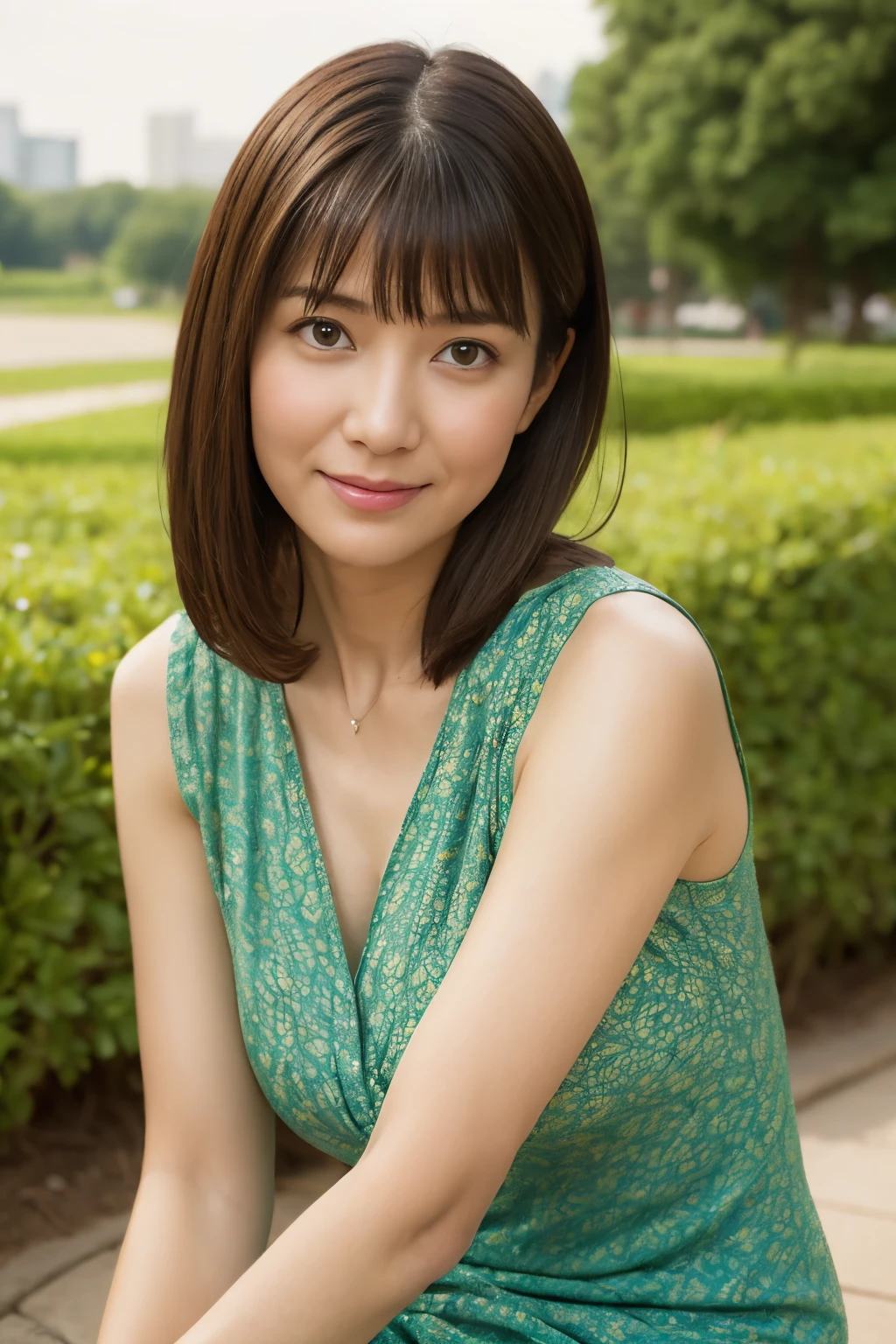 highest quality, masterpiece, High resolution, Photoreal, RAW photo, 8k wallpaper, Flawless, professional lighting, very detailed, written boundary depth, ((one beautiful woman)), 40 years old, sexy woman, ((Orange and green fancy patterned printed dress)), Upper body, ((view audience)), detailed face, beautiful eyes, ((facing the front)), ((sitting on a white wooden bench in the park)), (Sunny), bangs, well-shaped chest, cleavage, black straight hair, faint lips, cowboy shot, ((arm between legs))