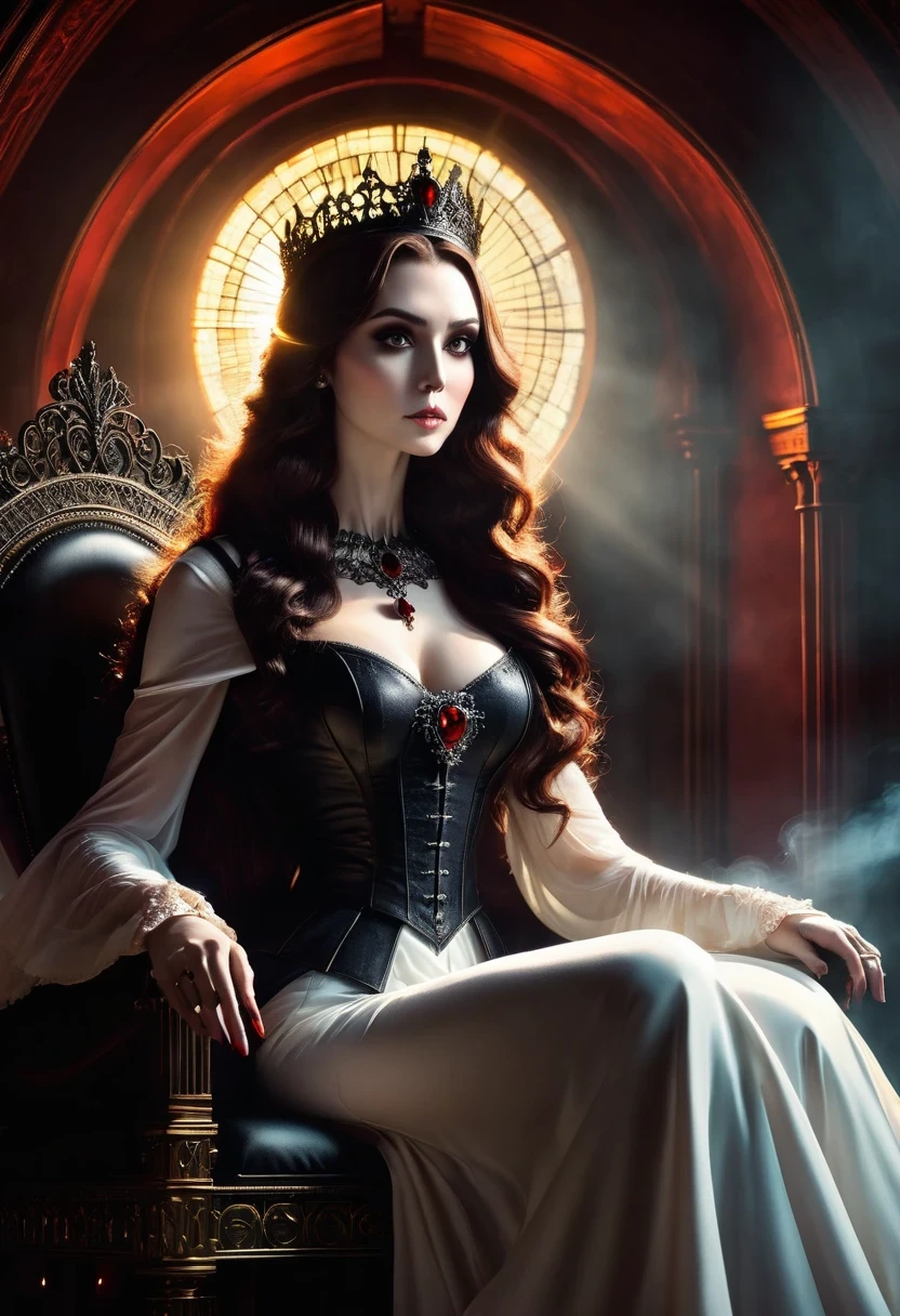 (Tyndall effect:1.8)，Vampire beauty，Sunlight shines through the glass，visible light，Holy Light，top light，vampire sitting on throne，gothic style，mysterious atmosphere，detailed details，smoke space