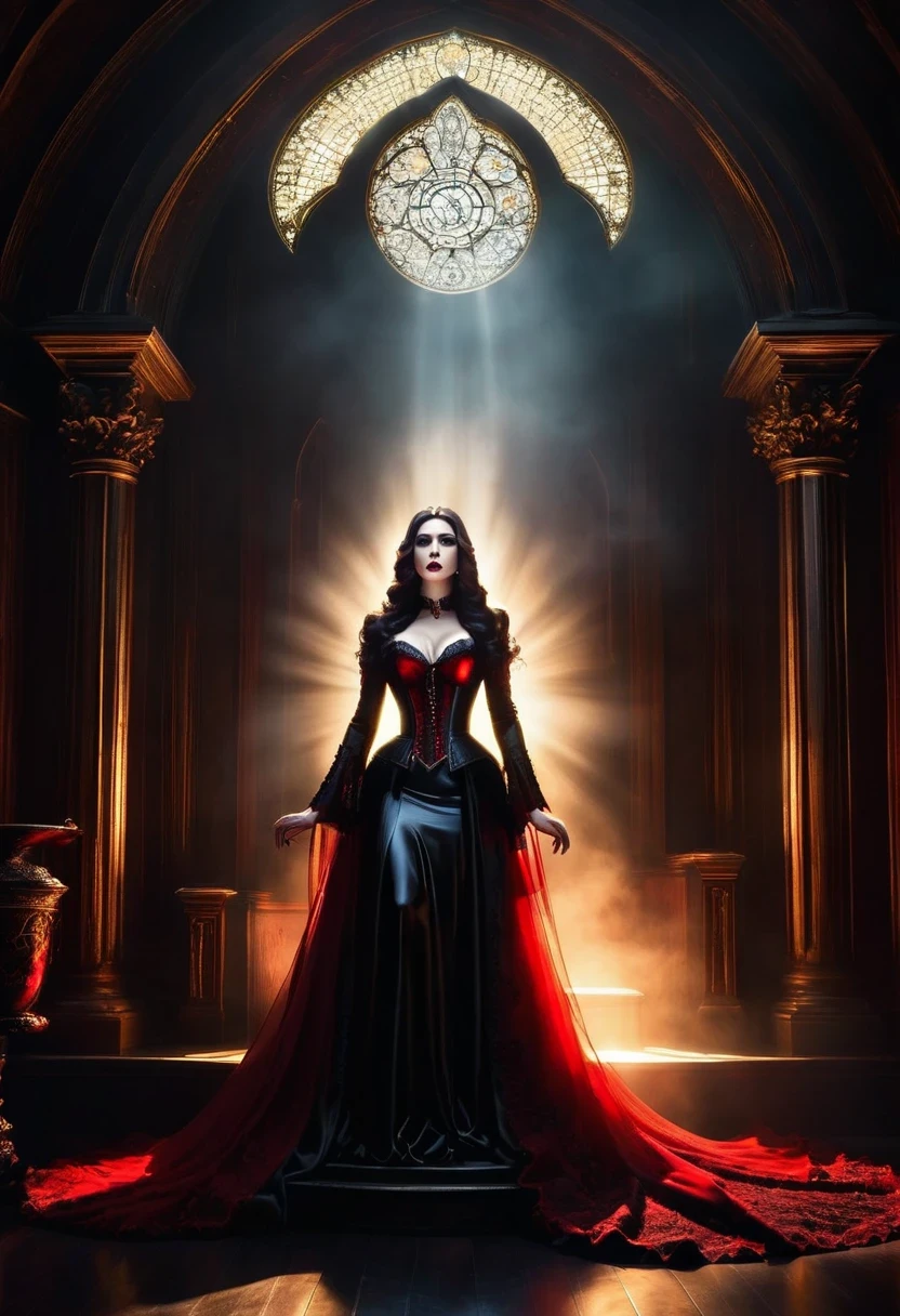 (Tyndall effect:1.8),Vampire beauty,Sunlight shines through the glass,visible light,Holy Light,top light,vampire sitting on throne,gothic style,mysterious atmosphere,detailed details,smoke space