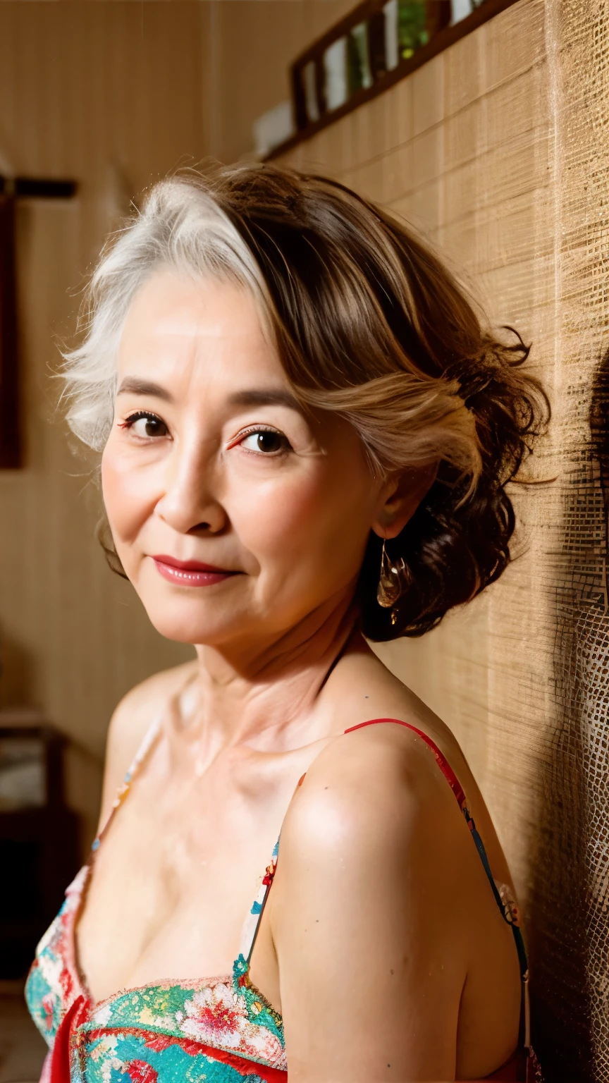 Remove the background, gravure, describe the lips correctly, red lipstick, from the chest up, In underwear, AS-Elderly,Mature Woman, Fancy face, highest quality, Super high quality, realistic, super dense skin, perfect description, (1 Japanese mature woman), (erotic), 100 years old, big breasts, Bewitching, Glamour, sexy, pure white skin, looking at the viewer,