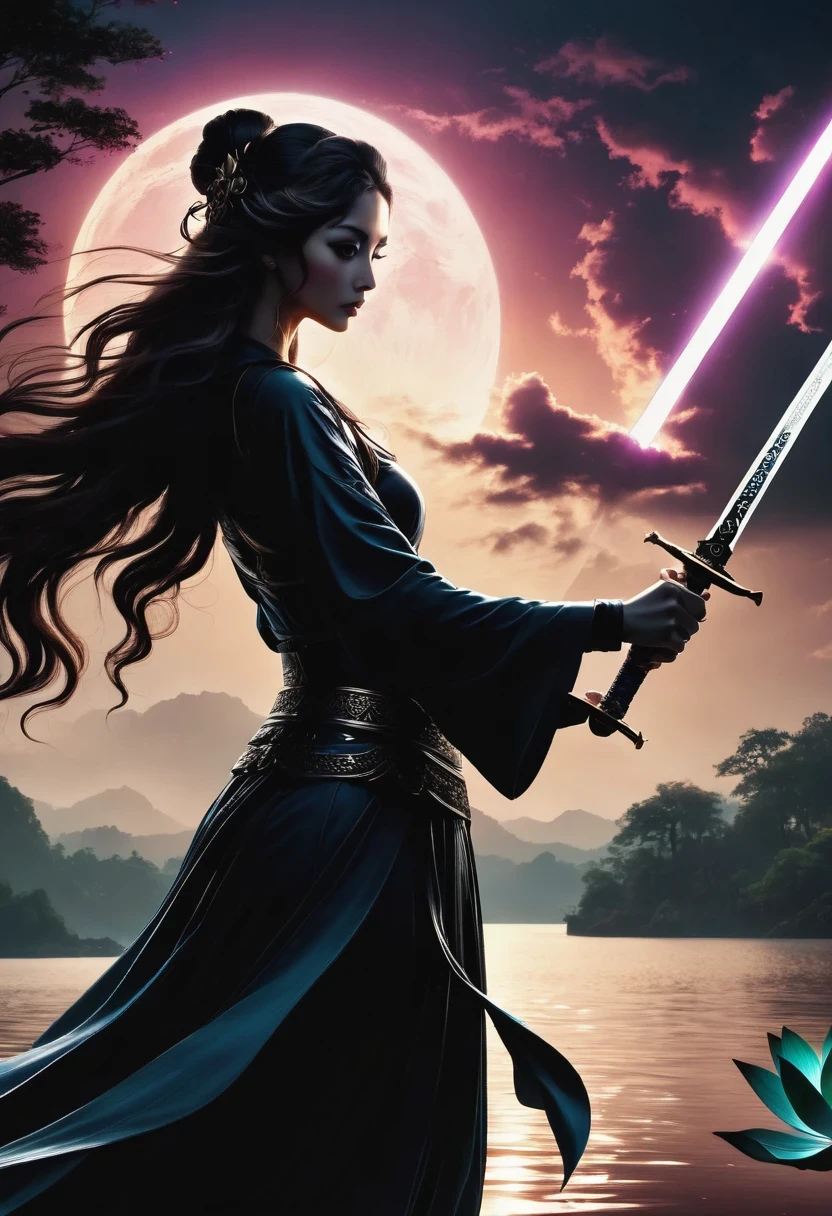(Heroine dancing sword silhouette:1.5),glowing sword,(Combat stance,Strong dynamic stance:1.4),on the lake,high contrast, mysterious atmosphere,,cloud,smokes,lotus,lotus leaf,ripple,(water splash;1.4),moonlight,swordsman,effort,(Tyndall effect:1.8),visible light,Holy Light,top light,photon mapping,Radiosity,Physically based rendering,