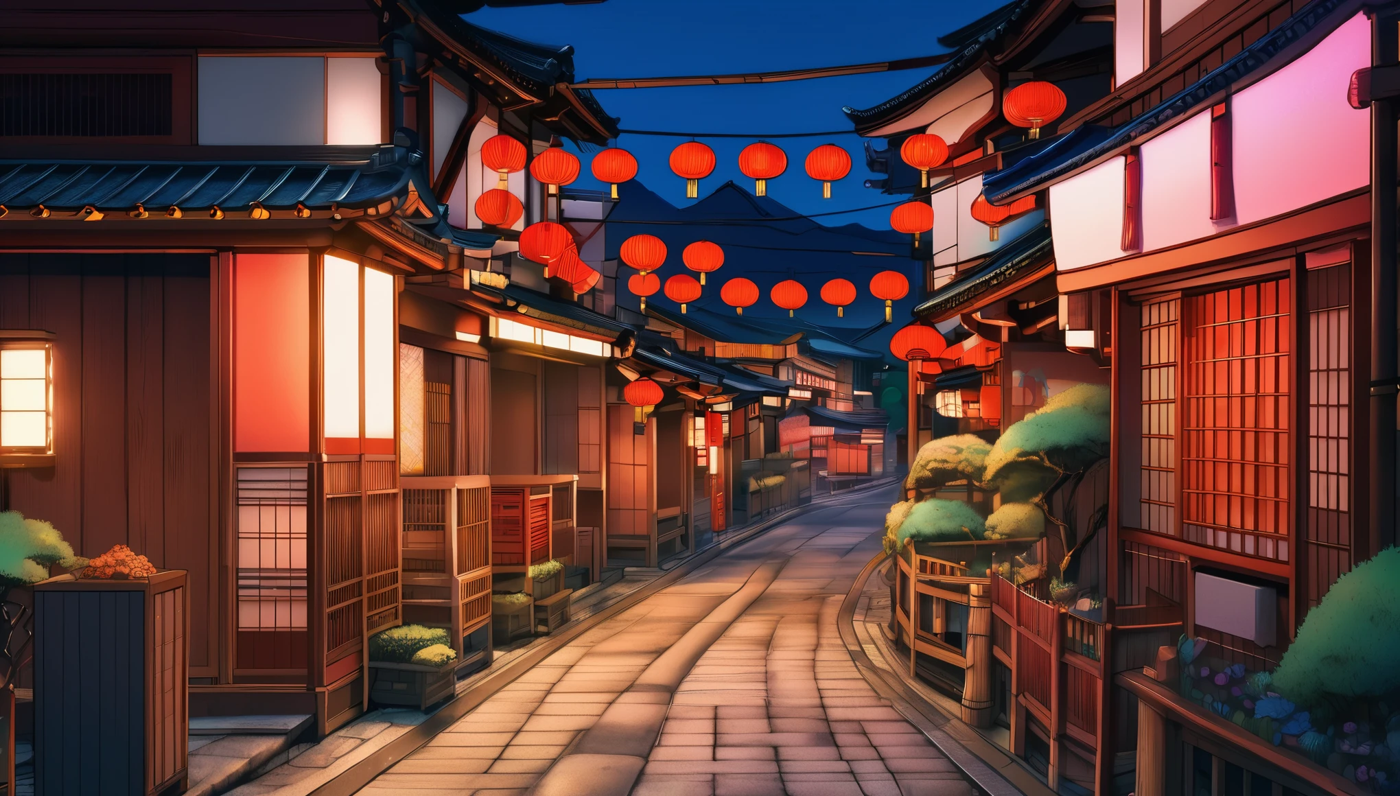japan town streets, dusk, ghibi style, chibi style, geishas, ogata kuudere, murata range, kawaii, studio lighting, manga, bright colors, beautiful, 35mm lens, noir, vibrant high contrast, gradation, jean giraud, moebius, fantasy, rule of thirds, fibonacci, intricate, cel shaded, anime, Ghibli-like colours, highres, 4K, best quality, award winning, high quality, high details