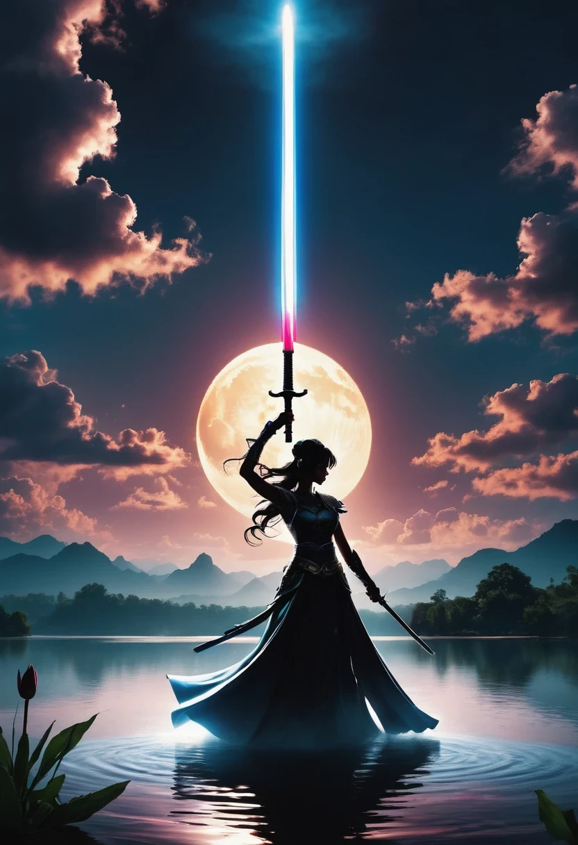 (Heroine dancing sword silhouette:1.5),glowing sword,(Combat stance，Strong dynamic stance:1.4),on the lake，high contrast, mysterious atmosphere,，cloud，smokes，lotus，lotus leaf，ripple，(water splash;1.4)，moonlight，swordsman，effort，(Tyndall effect:1.8)，visible light，Holy Light，top light，photon mapping，Radiosity，Physically based rendering，