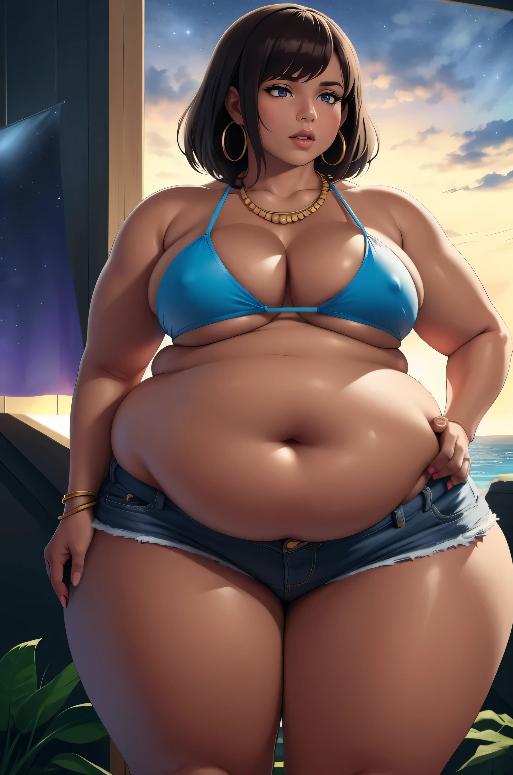 dark skin, (dark-skinned female:1.5), bike shorts, bikini, crop top, hoop earrings, jewelry, midriff, navel, necklace, short shorts, shorts, swimsuit, tankini, 1girl, plump, chubby, curvy, chubby girl, belly, big belly, fat belly, large stomach, night sky background, (best quality,4k,8k,highres,masterpiece:1.2), ultra-detailed, (realistic,photorealistic,photo-realistic:1.37), HDR, UHD, studio lighting, ultra-fine painting, sharp focus, physically-based rendering, extreme detail description, professional, vivid colors, bokeh, portraits, photography, concept artists, colorful, fairy tale, soft and dreamy lighting, sparkling stars and constellations, peaceful and calm atmosphere, luminous moonlight
