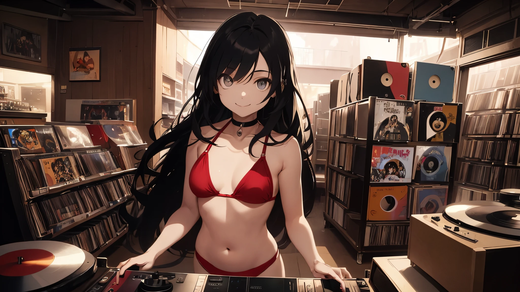 18 year old girl, long black hair, big sad eyes, sweet smile, small breasts, thin hips, choker collar, red bikini top, bare midriff, red panties, standing, near open door, record store, vinyl, turntable, DJ equipment, evening, nighttime, dramatic lighting, cinematic lighting, masterpiece, best quality