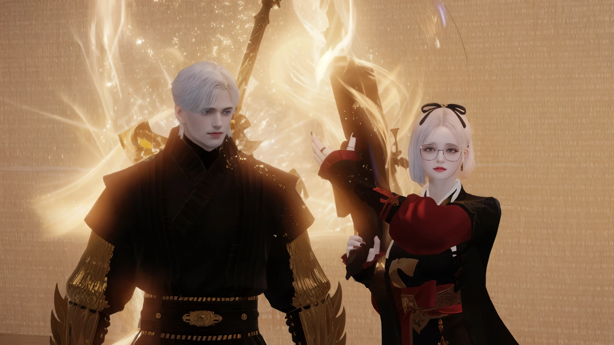 il y a deux personnes habillées en costumes tenant des épées et une épée, in dark dresses with gold accents, plan moyen de deux personnages, Hidari et Vlop, wear golden red dresses, cinématique des porteurs d'ombres, Ruan Jia et Brom, nixeu et sakimichan, wear golden dresses, Yiqiang et Shurakrgt, Porter des robes fluides