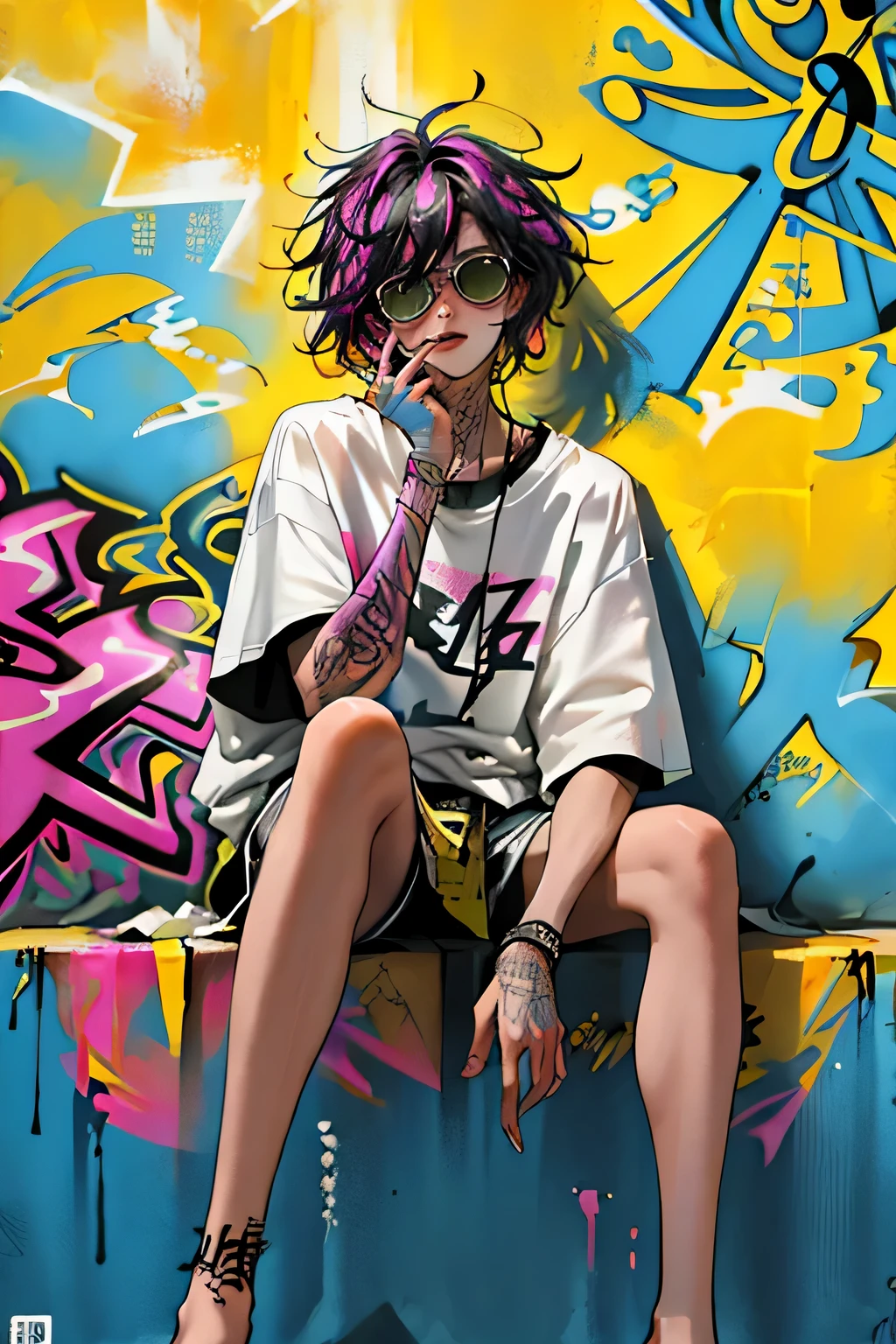 HD, (best detail) (best quality), homme Aalfi à lunettes de soleil assise sur une chaise sur un canapé, (((Graffitis))), (((Trigger Studio Style, Graffitis, rock-punk, Neon colors))), Carne Griffiths
