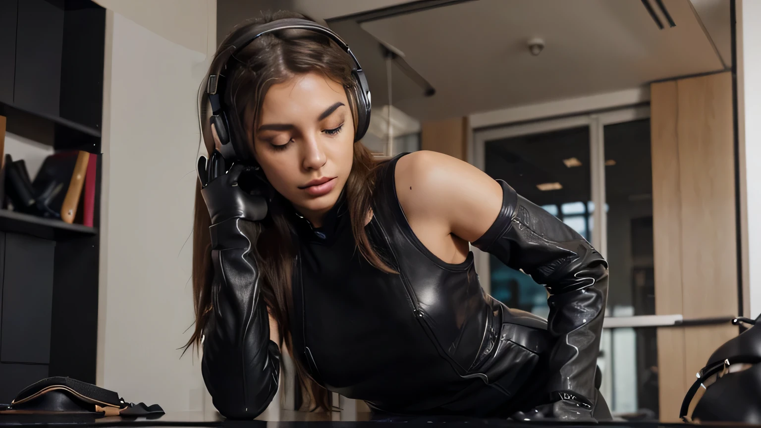 italian girl with shoulder length messy hair, she is , (with a man behind her, having sex),She is wearing a ((tight leather dress and cloath black gloves)),relaxin eyes closed in a office leather stool ((wearing headphones)) taken with,Canon 85mm lens, realistic, post-processing, maximum detail,