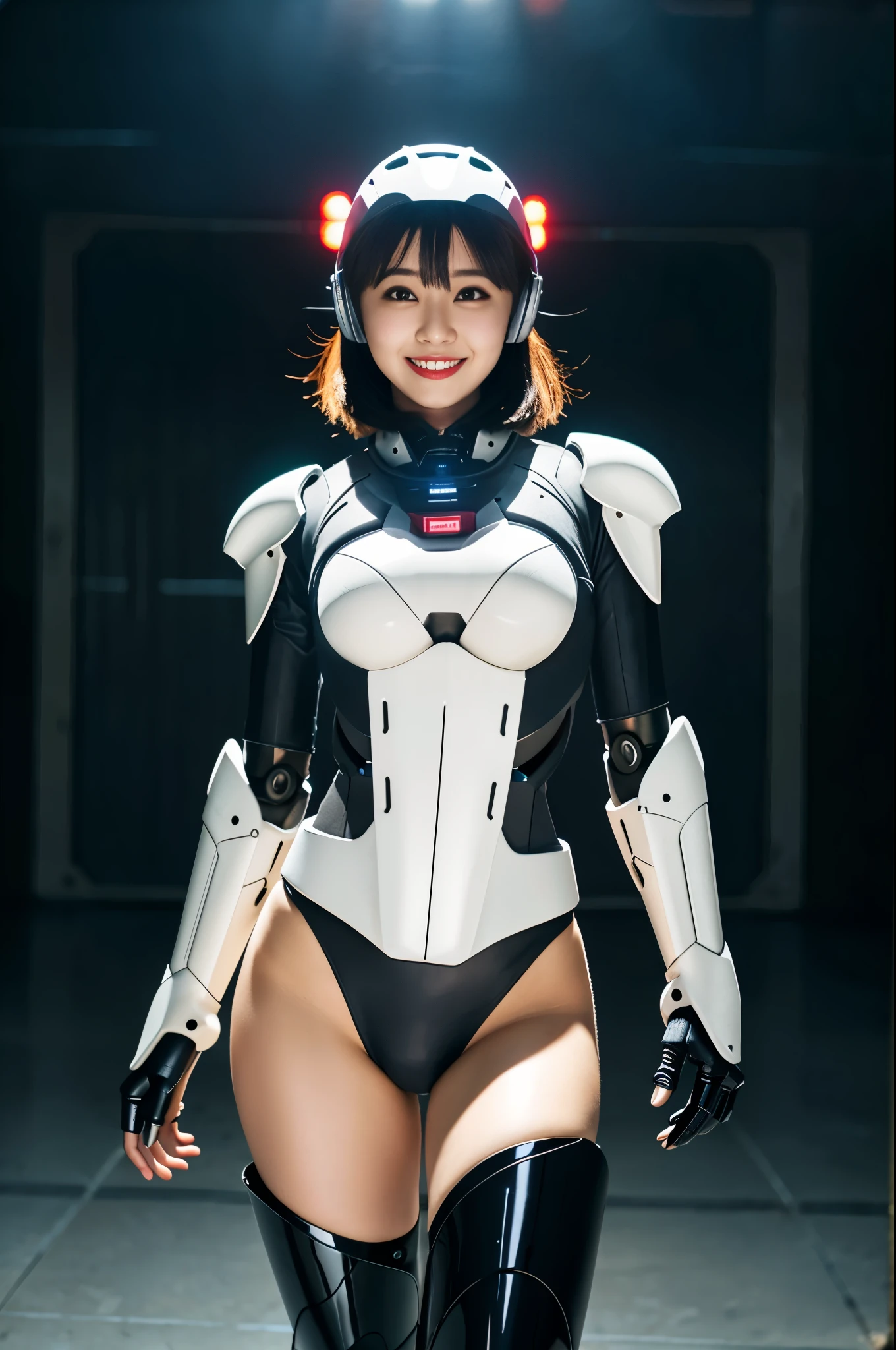 (((a powered exoskeleton))),(((foot robot armor))),(((robot helmet))),(((robot arm equipment))),(((standing))),(((bare inner thigh))),(((Show cleavage))), (((double-breasted, underbust:1.2))), ulzzang-6500-v1.1, (Raw photo:1.2), (Photo realistic:1.4), a beautiful detailed girl, extremely detailed eye and face, beautiful detailed eyes, ultra-detailed, High resolution, top-quality, masterpiece, highly detailed, 8k wallpaper, Wonderful, finely detail, top-quality, Light on the face, movie lighting, 1girl in, (robot hangar), Beautiful eyes, smile, Opening Mouth