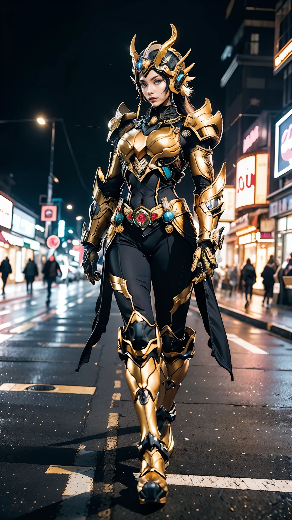 A woman adorned in fantasy-style full-body armor, a crown-concept fully enclosed helmet that unveils only her eyes, a composite layered chest plate, fully encompassing shoulder and hand guards, a lightweight waist armor, form-fitting shin guards, the overall design is heavy-duty yet flexible, ((the armor gleams with a golden glow, complemented by red and blue accents)), exhibiting a noble aura, she floats above the Futuristic city, this character embodies a finely crafted fantasy-surreal style armored hero in anime style, exquisite and mature manga art style, (Tiger concept Armor, photorealistic:1.4, real texture material:1.2), ((city night view, elegant, goddess, femminine:1.5)), metallic, high definition, best quality, highres, ultra-detailed, ultra-fine painting, extremely delicate, professional, anatomically correct, symmetrical face, extremely detailed eyes and face, high quality eyes, creativity, RAW photo, UHD, 32k, Natural light, cinematic lighting, masterpiece-anatomy-perfect, masterpiece:1.5