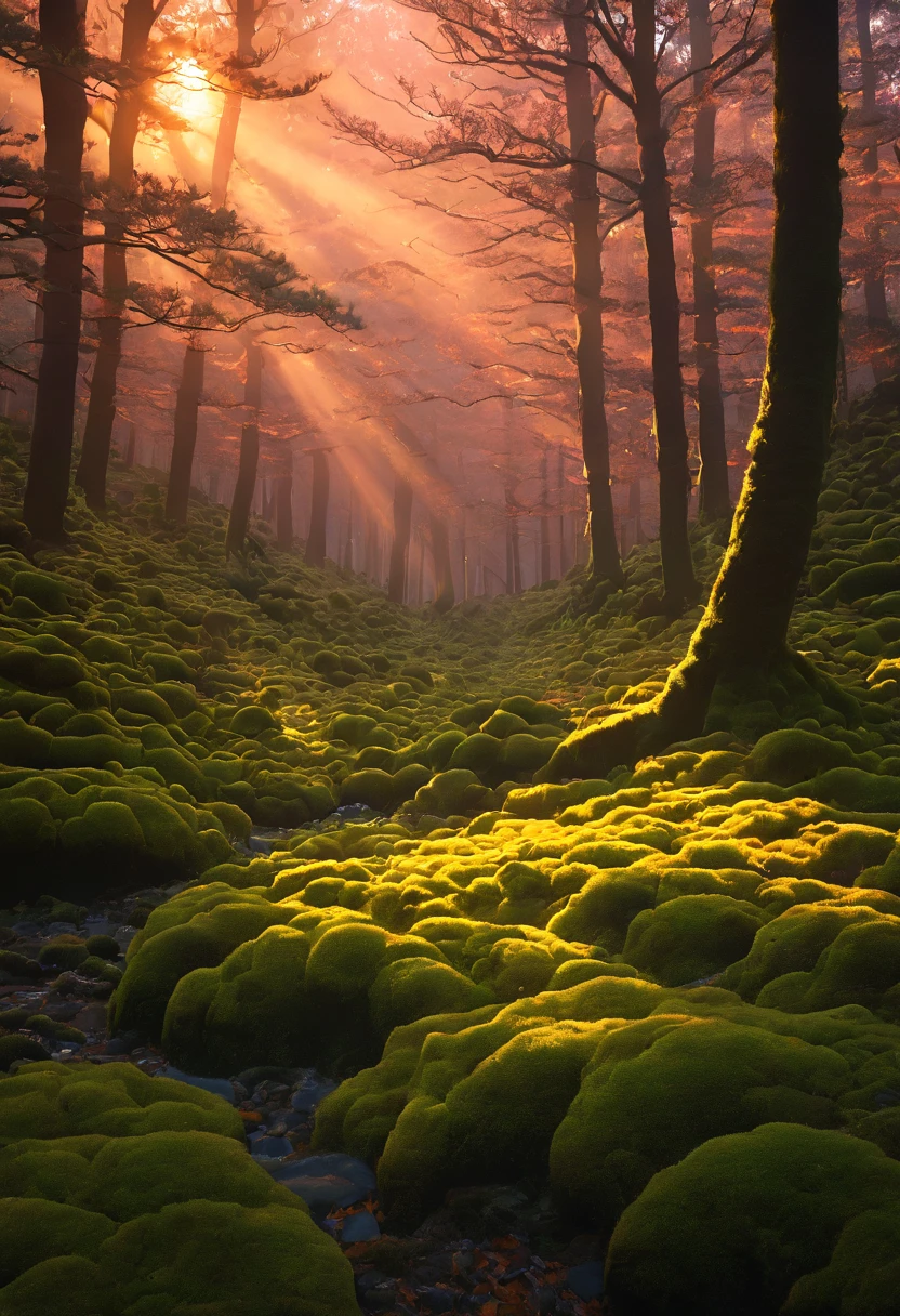 「返景入deep forest,Shining on the moss」The afterglow of the setting sun penetrates the dense shadow of the dense forest,shining on the moss。deep forest,本來就dark,The moss under the trees in the forest grows in dark and moist places,Moss survives because thick trees block sunlight,And at this moment the sun sets over the west mountain,The sun becomes softer,Moss deep in the dense forest。The poem highlights a kind of tranquility、dark、ethereal atmosphere。Create an obviously strong Tyndall effect, light and space, forest ray,