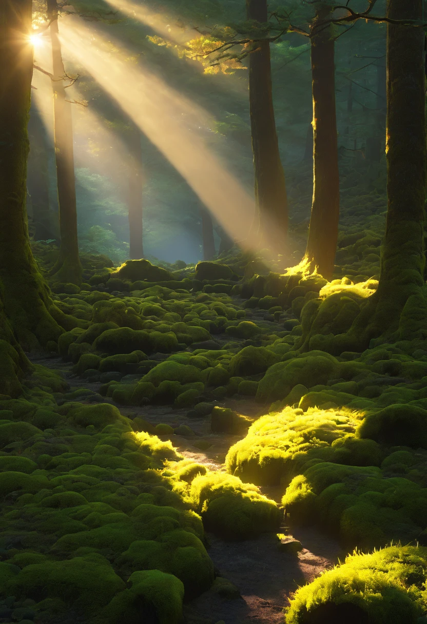 「返景入deep forest,Shining on the moss」The afterglow of the setting sun penetrates the dense shadow of the dense forest,shining on the moss。deep forest,本來就dark,The moss under the trees in the forest grows in dark and moist places,Moss survives because thick trees block sunlight,And at this moment the sun sets over the west mountain,The sun becomes softer,Moss deep in the dense forest。The poem highlights a kind of tranquility、dark、ethereal atmosphere。Create an obviously strong Tyndall effect, light and space, forest ray,
