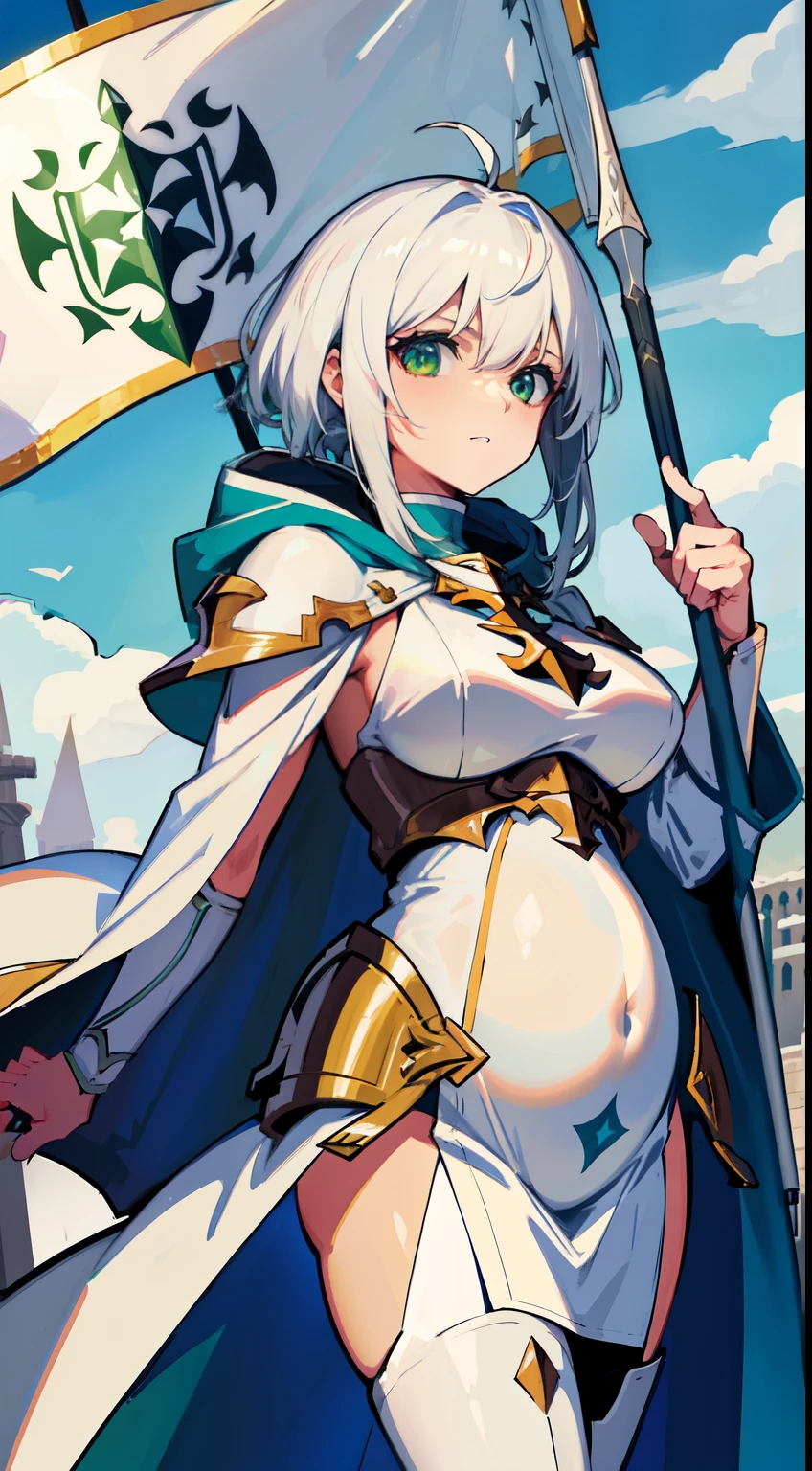 1girl, sharp white hair, sharp green eyes, wearing full white armor and radiating light, paladin, 8k, holding a flag spear, wearing white robes with hood and epic white paladin super armor, wearing general robes and she is greater tanker, she's pregnant with stranger's baby