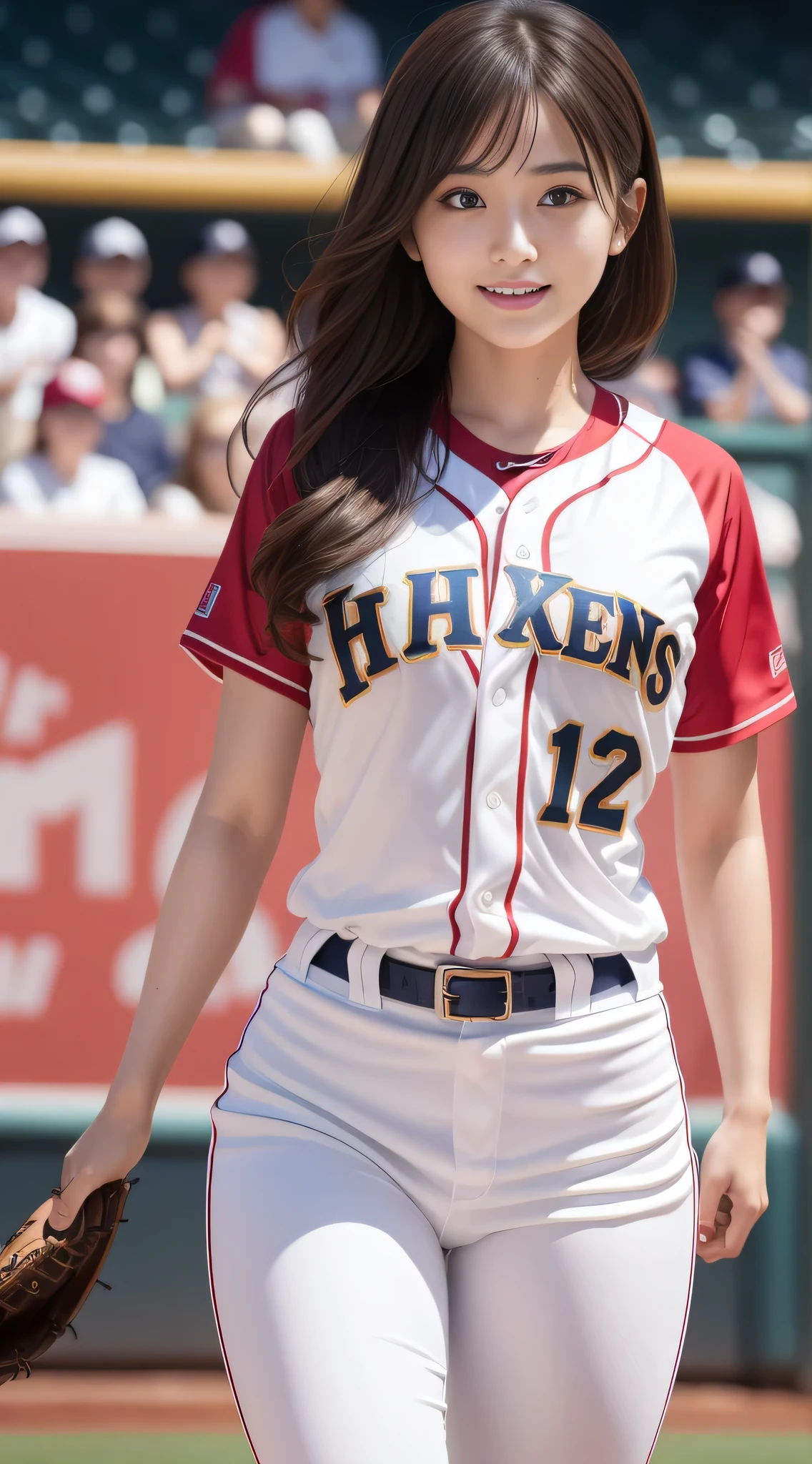 Photo of Aurafeed woman in baseball uniform,(Photoreal:1.2), (show the whole body), (long shot),(make one&#39;s cheeks flush),with arms raised,(active movement),((Background during a baseball game:1.2)), ((baseball uniform)),Backlight,realistic,18-year-old,(laughter), (glowing skin), sakimichan,Second time&#39;Tzuyu, Young and cute gravure idol,  japanese model, Genuine young gravure idol,perfect anatomy, Haruka Ayase, Assist々Kiki, Kana Hashimoto, Mai Shiraishi, Nishino Nanase, Mei Watanabe, Yuki Yoda, Assist々xylophone, Aoi Miyazaki, Yuko Takeuchi, Yuki Uchida, Suzu Hirose, Aya Ueto,gal style makeup,mascara,cute,double eyelid,tear bag,cheek,eyelash,Happy, written boundary depth, cowboy shot,nffsw, highest quality, award-winning, High resolution, (anatomically correct),healthy body, In 8K, anatomically correct, (big breasts),(big breasts),light sunburn marks,freckles,open your arms