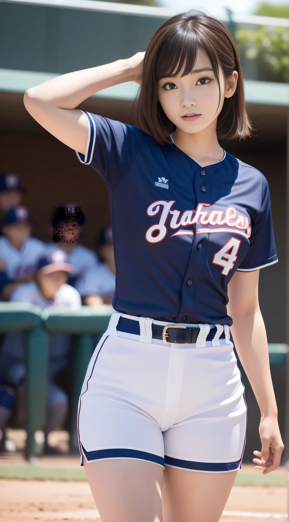 Photo of Aurafeed woman in baseball uniform,(Photoreal:1.2), (show the whole body), (long shot),(make one&#39;s cheeks flush),with arms raised,(active movement),((Background during a baseball game:1.2)), ((baseball uniform)),Backlight,realistic,18-year-old,(laughter), (glowing skin), sakimichan,Second time&#39;Tzuyu, Young and cute gravure idol,  japanese model, Genuine young gravure idol,perfect anatomy, Haruka Ayase, Assist々Kiki, Kana Hashimoto, Mai Shiraishi, Nishino Nanase, Mei Watanabe, Yuki Yoda, Assist々xylophone, Aoi Miyazaki, Yuko Takeuchi, Yuki Uchida, Suzu Hirose, Aya Ueto,gal style makeup,mascara,cute,double eyelid,tear bag,cheek,eyelash,Happy, written boundary depth, cowboy shot,nffsw, highest quality, award-winning, High resolution, (anatomically correct),healthy body, In 8K, anatomically correct, (big breasts),(big breasts),light sunburn marks,freckles,open your arms