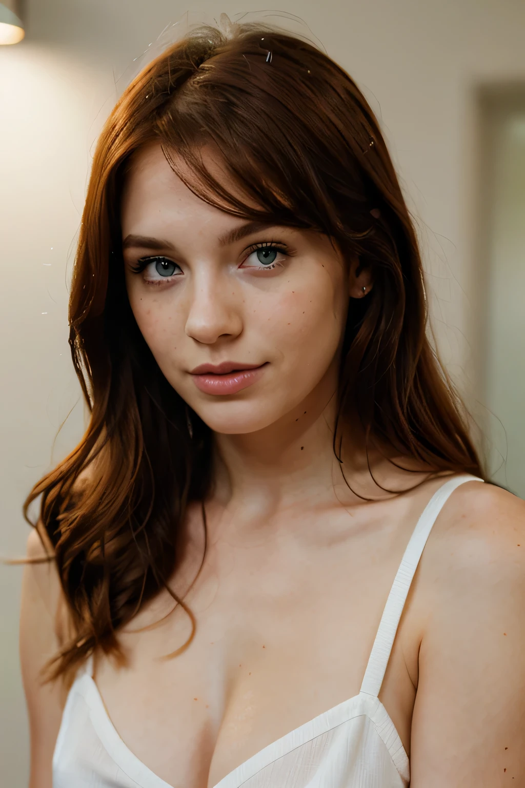 Saoirse Ronan with dyed brown hair naked and smiling sexy.