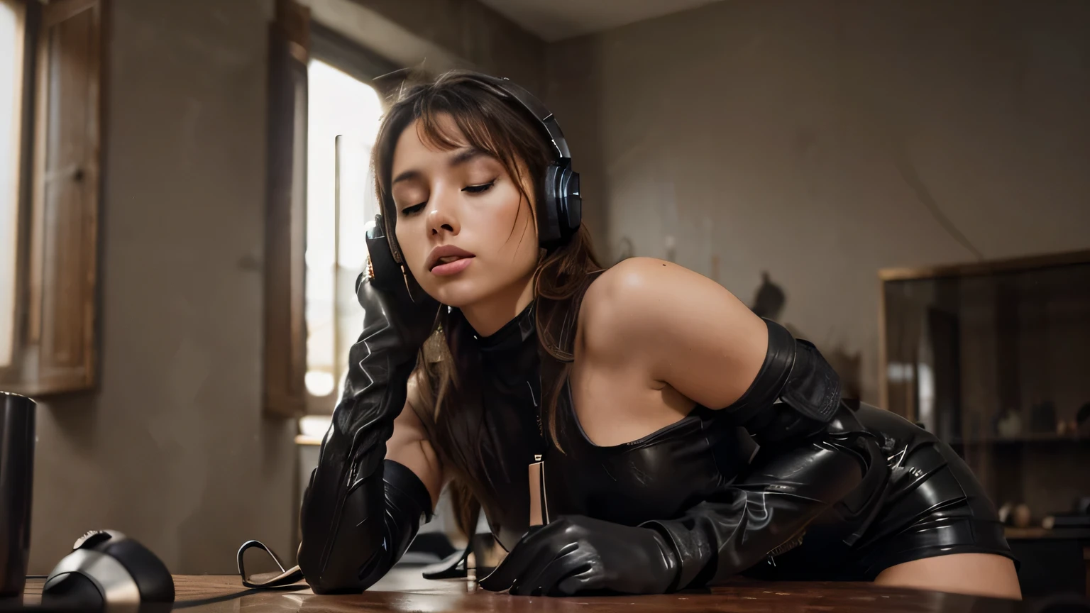 italian girl with shoulder length messy hair, she is , (with a man behind her, having sex),She is wearing a ((tight leather dress and cloath black gloves)),eyes closed in a hotele room ((wearing headphones)) taken with,Canon 85mm lens, realistic, post-processing, maximum detail,