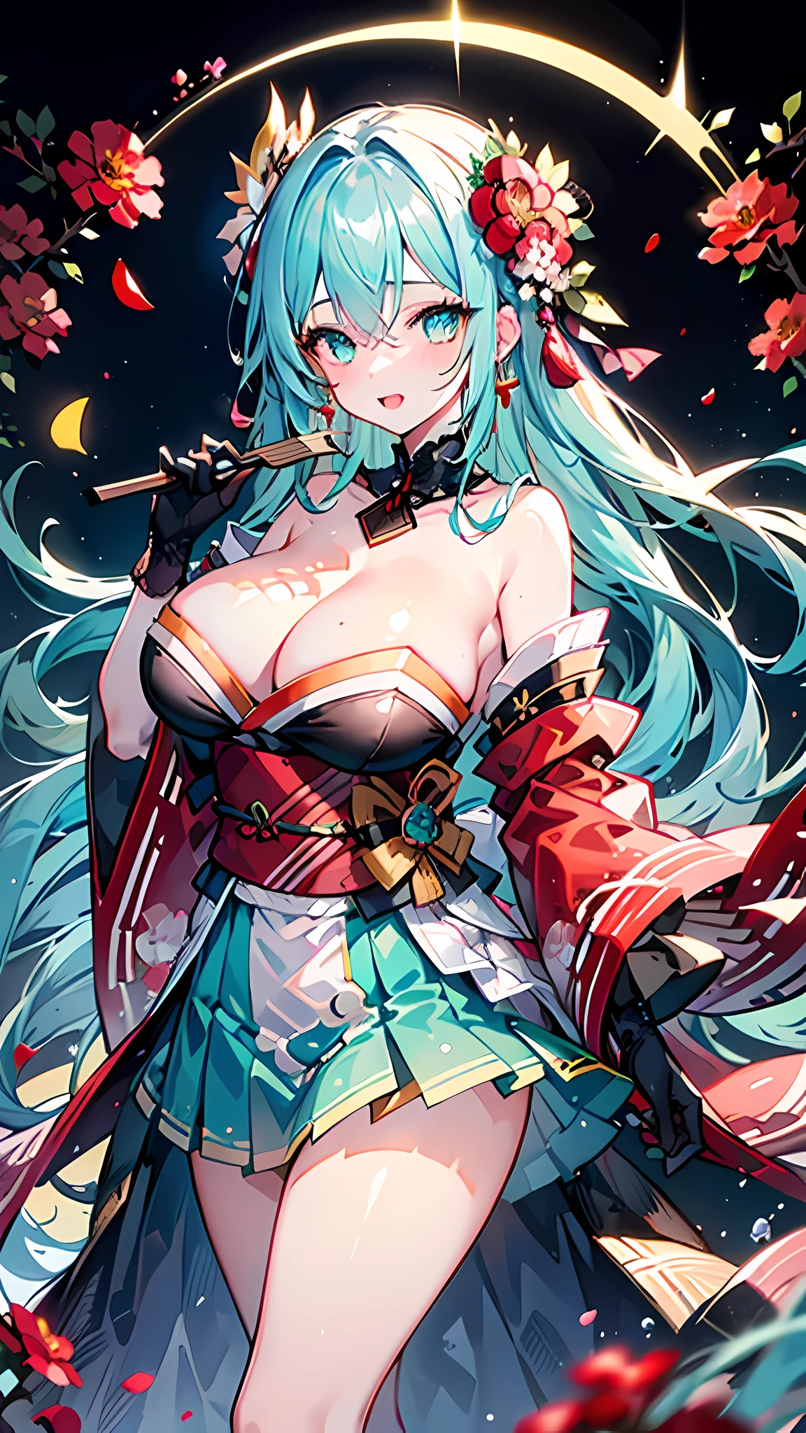 (masterpiece), best quality, expressive eyes, perfect face,1girl, huge breasts, solo, gloves, long hair, hand fan, (orange hair), flower, japanese clothes, hair ornament, white background, holding, very long hair, black gloves, lace gloves, simple background, hair flower, folding fan, kimono, lace, holding fan, open mouth, red flower, wide sleeves, sash, lace trim, smile, floral print, aqua eyes, tassel, bare shoulders, earrings, cowboy shot, jewelry, aqua hair, hair between eyes, obi, aqua skirt, skirt, strapless, looking at viewer, detached sleeves, detached collar, striped, frills, bangs