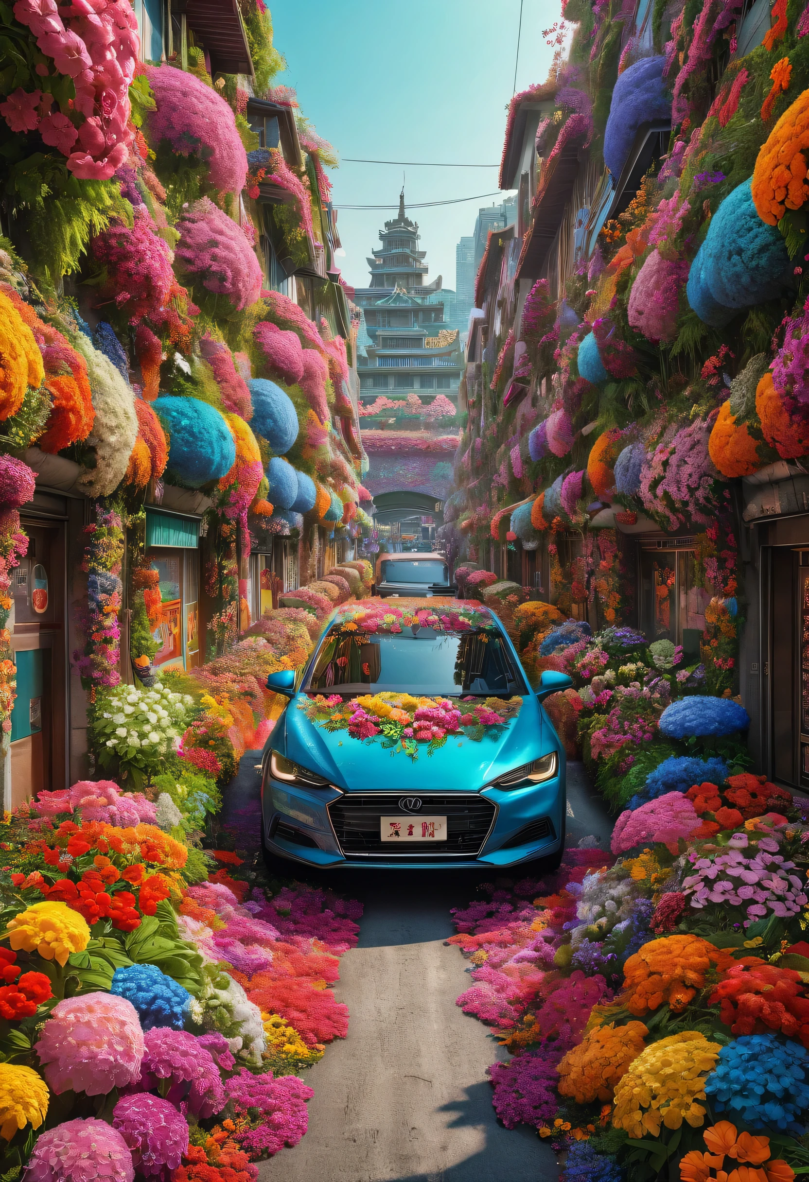 Realistic photos, fantasy, futuristic, Science fiction, Sea of flowers, City, View od street full of flowers, many colorful flowers, The walls are covered with flowers, car covered in flowers, bright colors, 一个美丽的女人在一座被五颜六色的鲜花覆盖的City的街道上漫步, original photo, 32k, high dynamic range, depth of field,32k, 