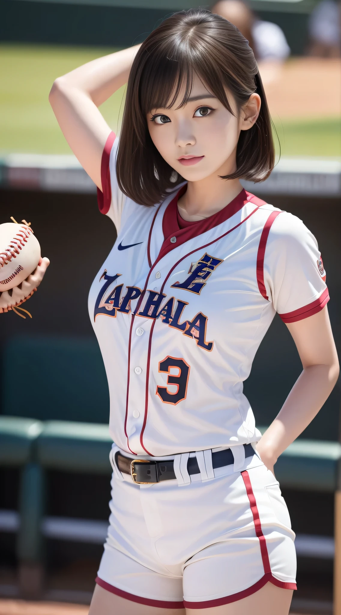 Photo of Aurafeed woman in baseball uniform,(Photoreal:1.2), (show the whole body), (long shot),(make one&#39;s cheeks flush),with arms raised,(active movement),((Background during a baseball game:1.2)), ((baseball uniform)),Backlight,realistic,18-year-old,(laughter), (glowing skin), sakimichan,Second time&#39;Tzuyu, Young and cute gravure idol,  japanese model, Genuine young gravure idol,perfect anatomy, Haruka Ayase, Assist々Kiki, Kana Hashimoto, Mai Shiraishi, Nishino Nanase, Mei Watanabe, Yuki Yoda, Assist々xylophone, Aoi Miyazaki, Yuko Takeuchi, Yuki Uchida, Suzu Hirose, Aya Ueto,gal style makeup,mascara,cute,double eyelid,tear bag,cheek,eyelash,Happy, written boundary depth, cowboy shot,nffsw, highest quality, award-winning, High resolution, (anatomically correct),healthy body, In 8K, anatomically correct, (big breasts),(big breasts),light sunburn marks,freckles,open your arms