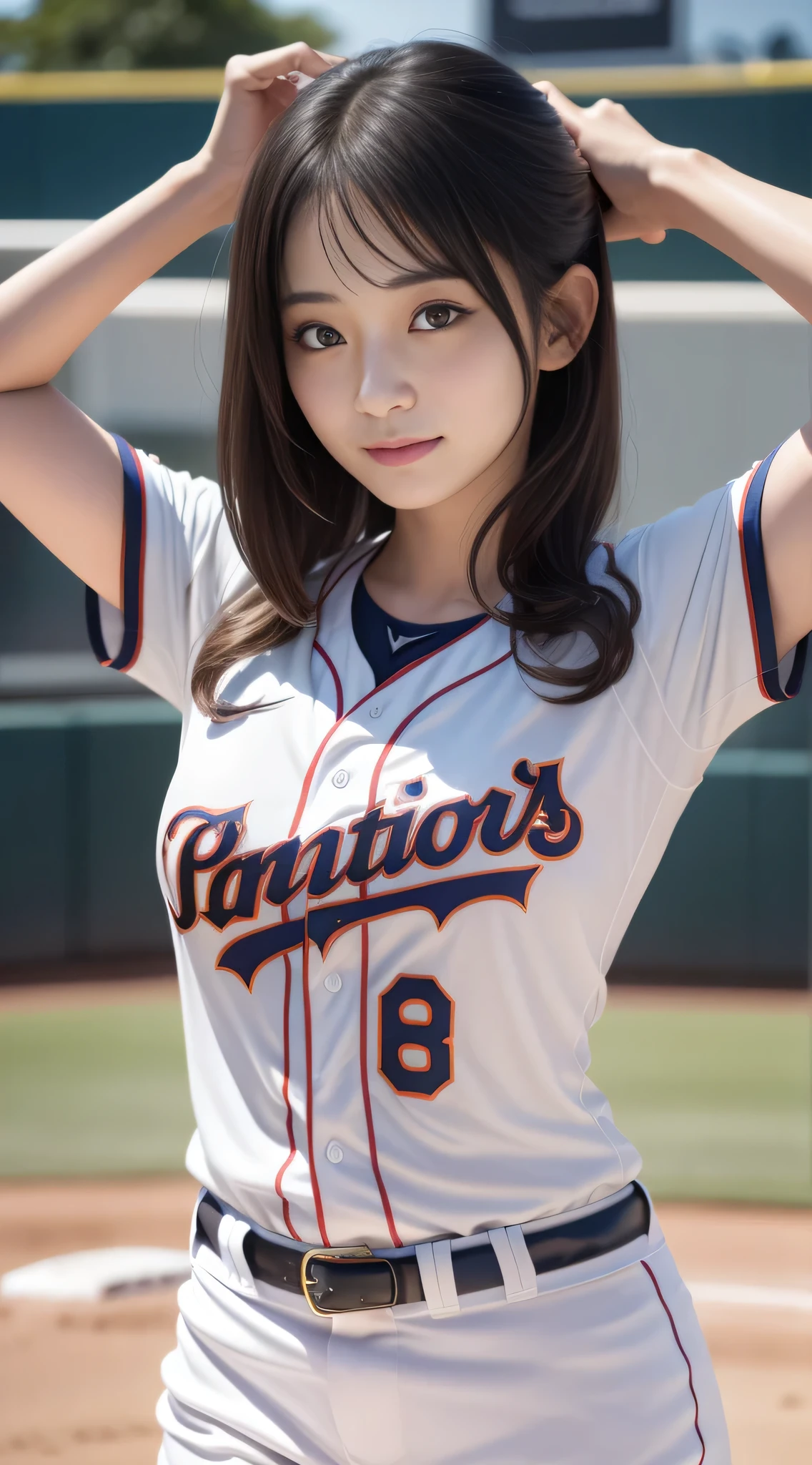 Photo of Aurafeed woman in baseball uniform,(Photoreal:1.2), (show the whole body), (long shot),(make one&#39;s cheeks flush),with arms raised,(active movement),((Background during a baseball game:1.2)), ((baseball uniform)),Backlight,realistic,18-year-old,(laughter), (glowing skin), sakimichan,Second time&#39;Tzuyu, Young and cute gravure idol,  japanese model, Genuine young gravure idol,perfect anatomy, Haruka Ayase, Assist々Kiki, Kana Hashimoto, Mai Shiraishi, Nishino Nanase, Mei Watanabe, Yuki Yoda, Assist々xylophone, Aoi Miyazaki, Yuko Takeuchi, Yuki Uchida, Suzu Hirose, Aya Ueto,gal style makeup,mascara,cute,double eyelid,tear bag,cheek,eyelash,Happy, written boundary depth, cowboy shot,nffsw, highest quality, award-winning, High resolution, (anatomically correct),healthy body, In 8K, anatomically correct, (big breasts),(big breasts),light sunburn marks,freckles,open your arms