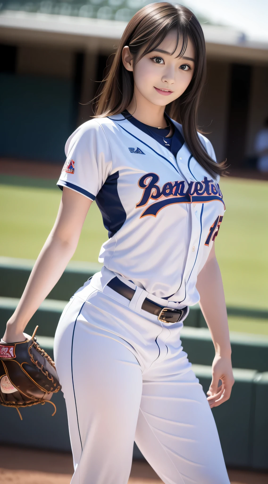 Photo of Aurafeed woman in baseball uniform,(Photoreal:1.2), (show the whole body), (long shot),(make one&#39;s cheeks flush),with arms raised,(active movement),((Background during a baseball game:1.2)), ((baseball uniform)),Backlight,realistic,18-year-old,(laughter), (glowing skin), sakimichan,Second time&#39;Tzuyu, Young and cute gravure idol,  japanese model, Genuine young gravure idol,perfect anatomy, Haruka Ayase, Assist々Kiki, Kana Hashimoto, Mai Shiraishi, Nishino Nanase, Mei Watanabe, Yuki Yoda, Assist々xylophone, Aoi Miyazaki, Yuko Takeuchi, Yuki Uchida, Suzu Hirose, Aya Ueto,gal style makeup,mascara,cute,double eyelid,tear bag,cheek,eyelash,Happy, written boundary depth, cowboy shot,nffsw, highest quality, award-winning, High resolution, (anatomically correct),healthy body, In 8K, anatomically correct, (big breasts),(big breasts),light sunburn marks,freckles,open your arms