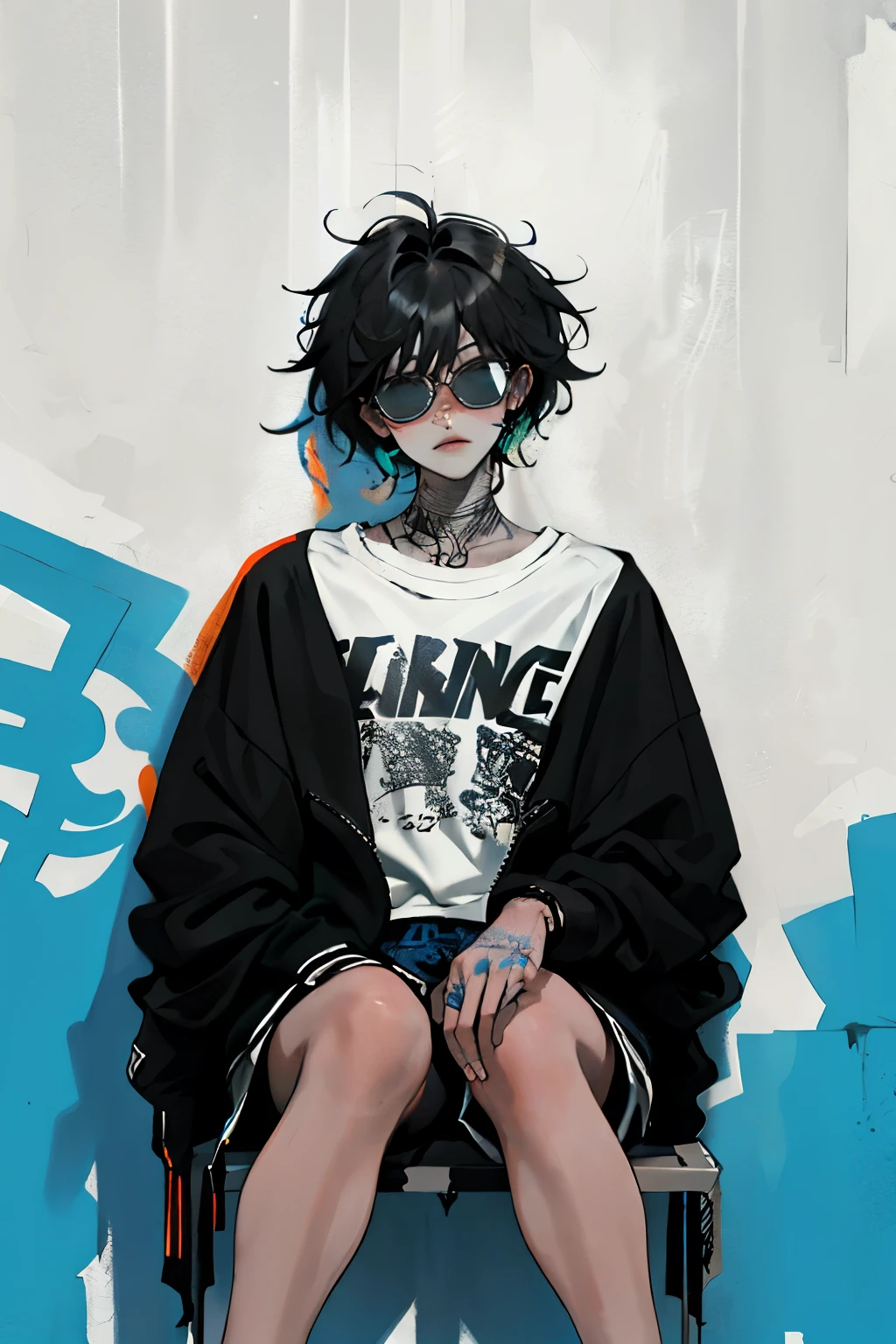HD, (best detail) (best quality), homme Aalfi à lunettes de soleil assise sur une chaise sur un canapé, (((Graffitis))), (((Trigger Studio Style, Graffitis, rock-punk, couleurs noir et blanc))), Carne Griffiths