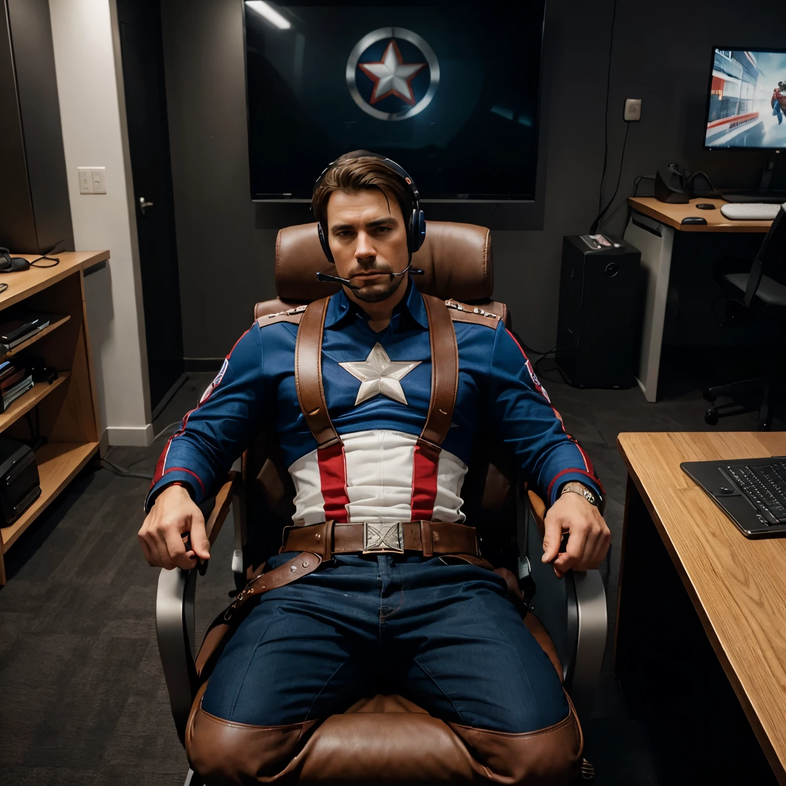 Capitan america (hombre) with headphones and microphone sitting on a gamer chair