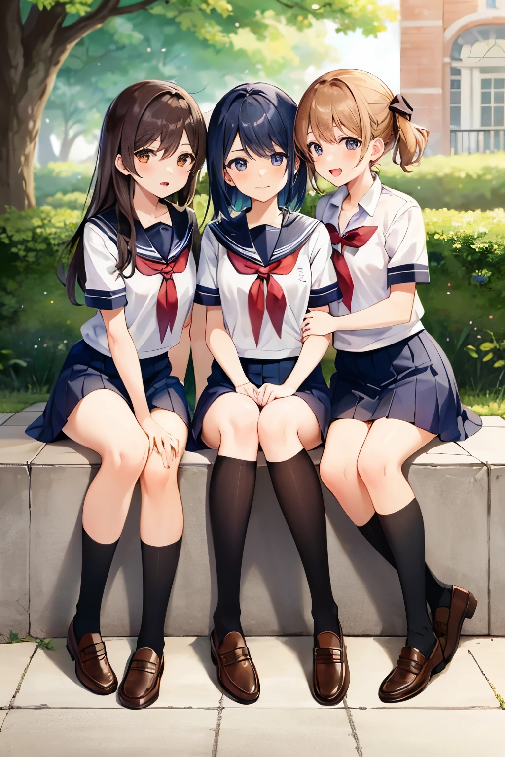 Super detailed, Best Quality, High resolution, Moe Anime, ((((She is wearing a see-through, short, sleeveless sailor uniform., Three cute little girls with black hair are sitting.)))), (Baby Face), ((Big eyes:1.5, Droopy eyes:1.5)), Pretty eyes, View your viewers, Light skin, Focus on the face, (Nipples are visible through the fabric:1.5), (Flat Chest:1.5), Belly button, In the park with cherry blossoms falling, Knee-high boots, (Short Hair:1.5)