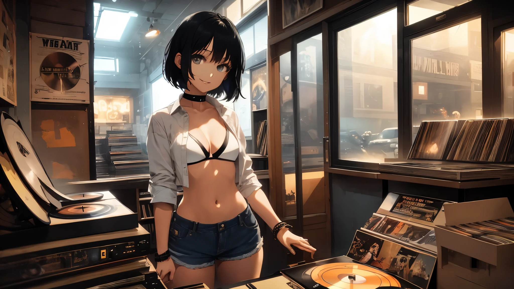 21 year old girl, short black hair, big sad eyes, sweet smile, small breasts, thin hips, choker collar, wrist bracelets, unbuttoned white shirt, black bikini top, bare midriff, jean shorts, standing, open door, open window, record store, records, vinyl, turntable, DJ equipment, evening, nighttime, dramatic lighting, cinematic lighting, masterpiece, best quality