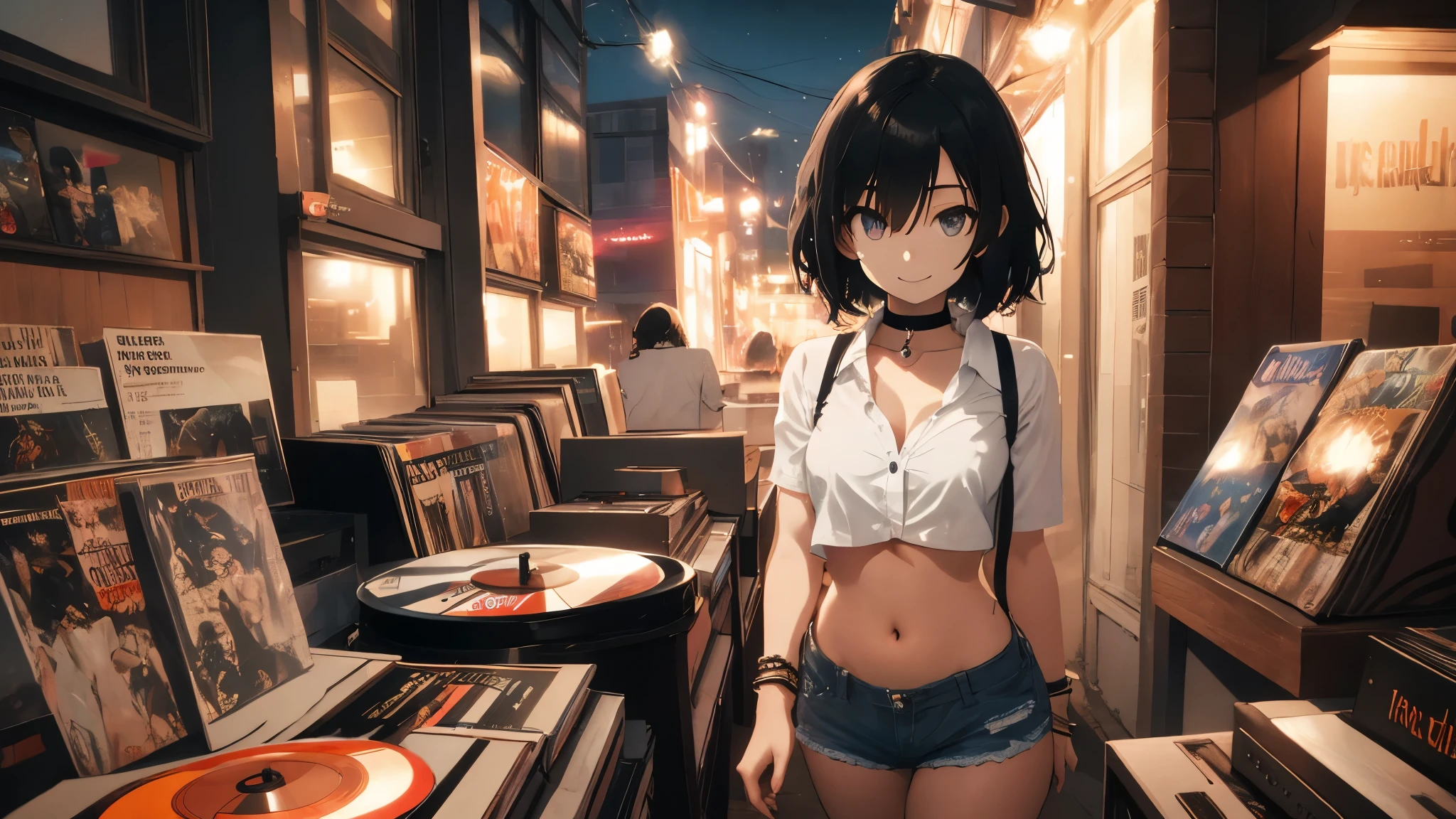 21 year old girl, short black hair, big sad eyes, sweet smile, small breasts, thin hips, choker collar, wrist bracelets, unbuttoned white shirt, black bikini top, bare midriff, jean shorts, standing, open door, open window, record store, records, vinyl, turntable, DJ equipment, evening, nighttime, dramatic lighting, cinematic lighting, masterpiece, best quality