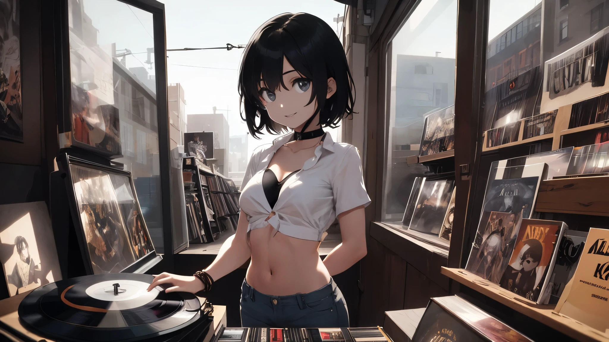 21 year old girl, short black hair, big sad eyes, sweet smile, small breasts, thin hips, choker collar, wrist bracelets, unbuttoned white shirt, black bikini top, bare midriff, jean shorts, standing, open door, open window, record store, records, vinyl, turntable, DJ equipment, evening, nighttime, dramatic lighting, cinematic lighting, masterpiece, best quality