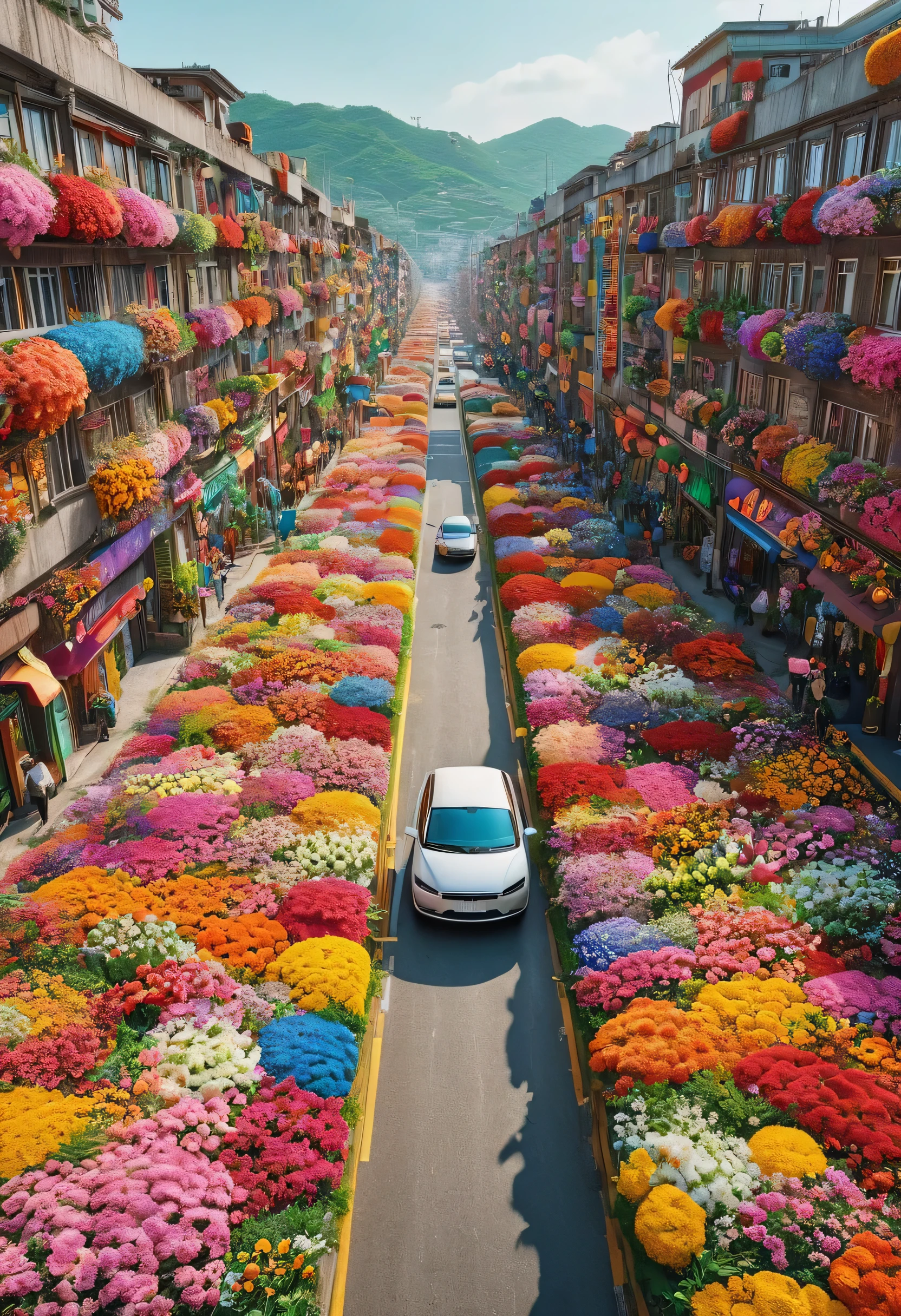 Realistic photos, fantasy, futuristic, Science fiction, Sea of flowers, City, View od street full of flowers, many colorful flowers, The walls are covered with flowers, car covered in flowers, bright colors, 一个美丽的女人在一座被五颜六色的鲜花覆盖的City的街道上漫步, original photo, 32k, high dynamic range, depth of field,32k, 