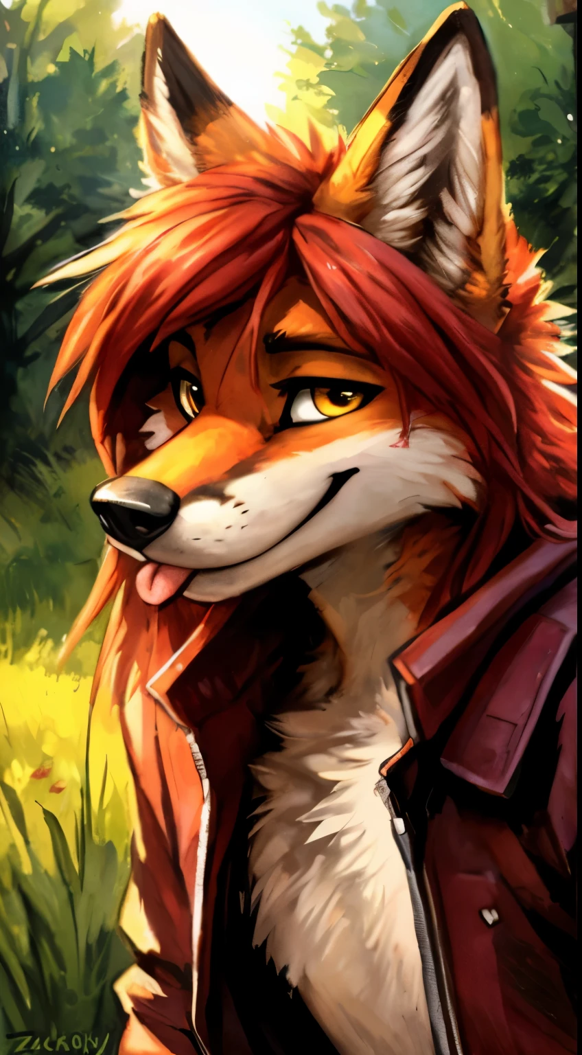 ((masterpiece, best quality)), (anthro furry:1.3, snout:1.2, anthro:1.3, furry:1.2, closeup:1.2, solo male:1.2, neckline, leaning forward, smile, red, sexy face, tongue out), red jacket, leggings, full body, Long hair, red hair, fox, yellow eyes, by Zackary911, Kenket, Kilinah, Zackary911