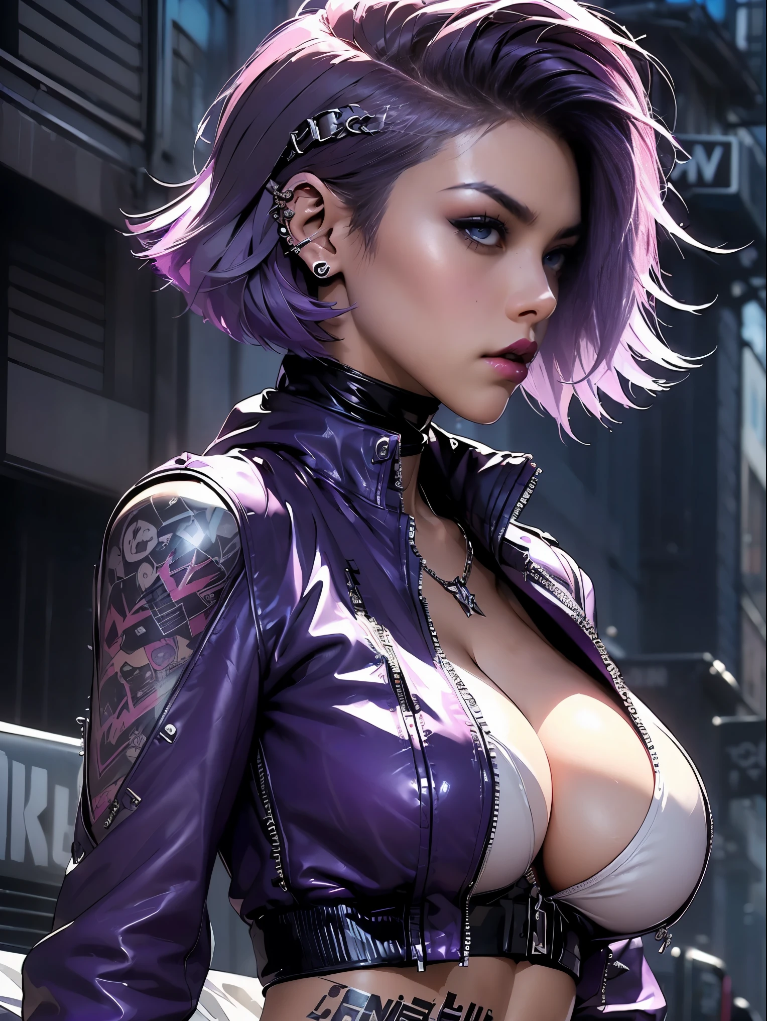 (((of the highest quality: 1.4))),(unparalleled masterpiece ever), (Ultra high definition),(Ultra-realistic 8K CG, camera view from behind), offcial art、 (((adult body, super huge enormously gigantic , cleawing))), (((1girl in))), ((( Bob Shorthair ))), Punk girl with a perfect body, Jacket with metal spines,Beautiful and well-groomed face,Fancy makeup,Detailed punk fashion,leather jackets, (Image from head to thigh),((Platinum purple Bob Shorthair )), Harajuku-inspired hooded Small leather panties, Simey's urban savage style,Detailed street background of London,Clean abs, Complex graphics, dark pink with white stars and gray and white stripeany poisonous tattoos )), piercings,