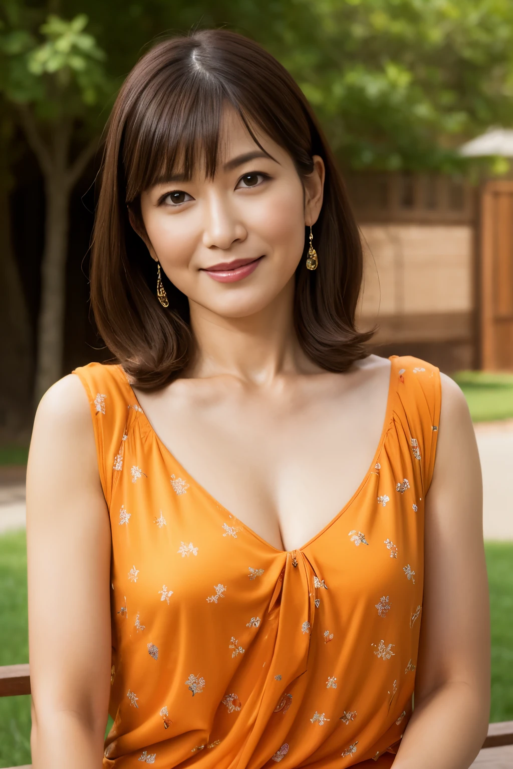 highest quality, masterpiece, High resolution, Photoreal, RAW photo, 8k wallpaper, Flawless, professional lighting, very detailed, written boundary depth, ((one beautiful woman)), 40 years old, sexy woman, ((gorgeous shiny orange print dress)), Upper body, ((look into the viewer's eyes)), detailed face, beautiful eyes, ((facing the front)), at the park, Sunny, bangs, well-shaped chest, cleavage, light brown straight hair, faint lips, cowboy shot, ((arm between legs))