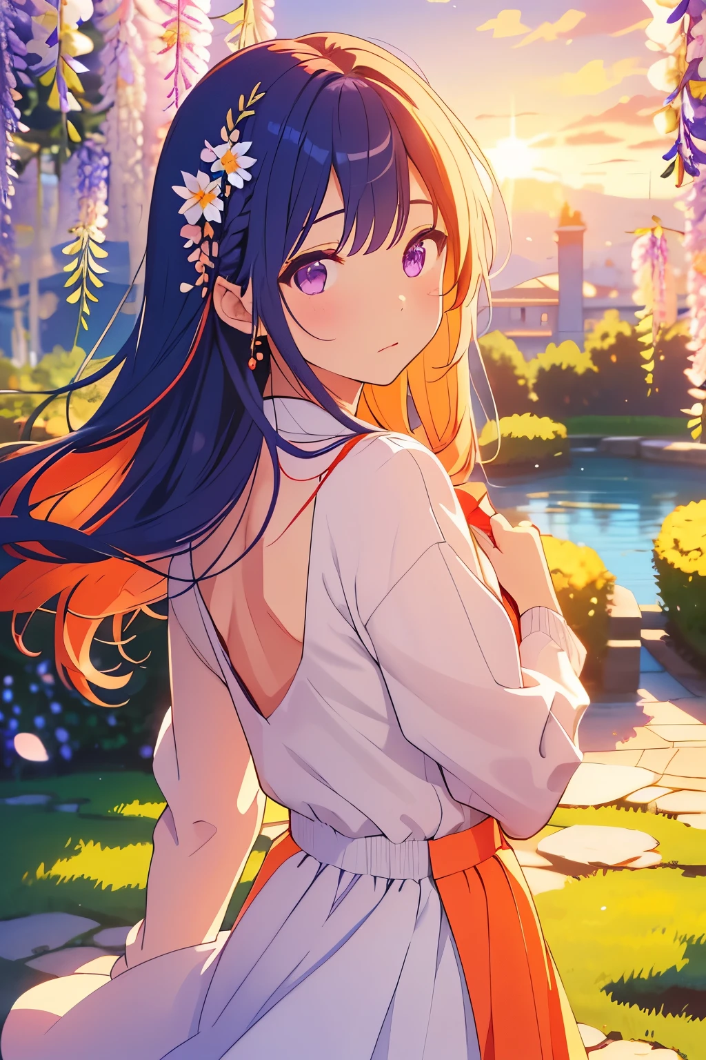 masterpiece、high quality、(One Beautiful Woman、ultramarine hair、purple eyes、Shining eyes)、long hair、braid half、tailwind、Spring breeze、My back is pushed by the spring breeze、in love、Throb、A rising heartbeat、Emotional、Full of hope、The eye is on the viewer、beautiful wisteria flowers、beautiful garden、beautiful love、I love you expression、cute expression、White embroidered dress、orange knit cardigan、flare skirt、Reddening cheeks、Upper body、front