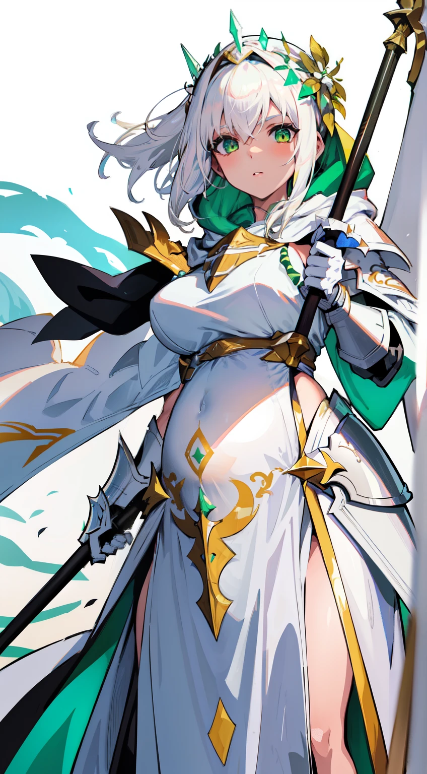 1girl, sharp white hair, sharp green eyes, wearing full white armor and radiating light, paladin, 8k, holding a flag spear, wearing white robes with hood and epic white paladin super armor, wearing general robes and she is greater tanker, she's pregnant with stranger's baby, pregnant belly