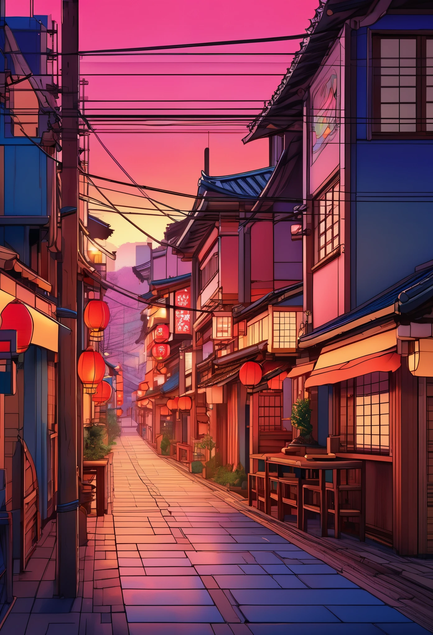 japan town streets, dusk, ghibi style, vibrant colors, empty streets, perfect light, kawaii, studio lighting, bright colors, beautiful, vibrant high contrast, gradation, jean giraud, moebius, fantasy, rule of thirds, fibonacci, intricate, cel shaded, anime, Ghibli-like colours, highres, 4K, best quality, award winning, high quality, high details
