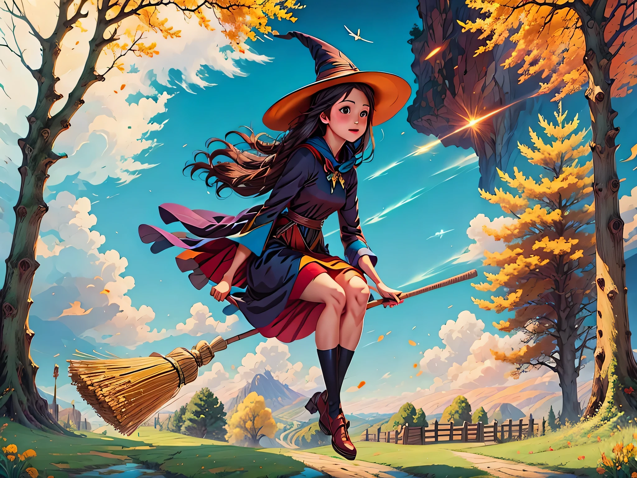 1 girl, alone,Flying Witch,Broom ride,nice background,outdoors,magic effect,light,beautiful,shine,get used to it,forest,(masterpiece, highest quality:1.2), 