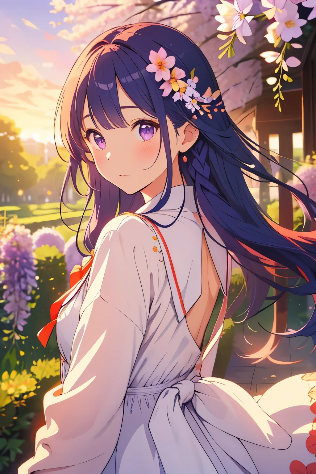 masterpiece、high quality、(One Beautiful Woman、ultramarine hair、purple eyes、Shining eyes)、long hair、braid half、tailwind、Spring breeze、My back is pushed by the spring breeze、in love、Throb、A rising heartbeat、Emotional、Full of hope、The eye is on the viewer、beautiful wisteria flowers、beautiful garden、beautiful love、I love you expression、cute expression、White embroidered dress、orange knit cardigan、Reddening cheeks、Upper body、front