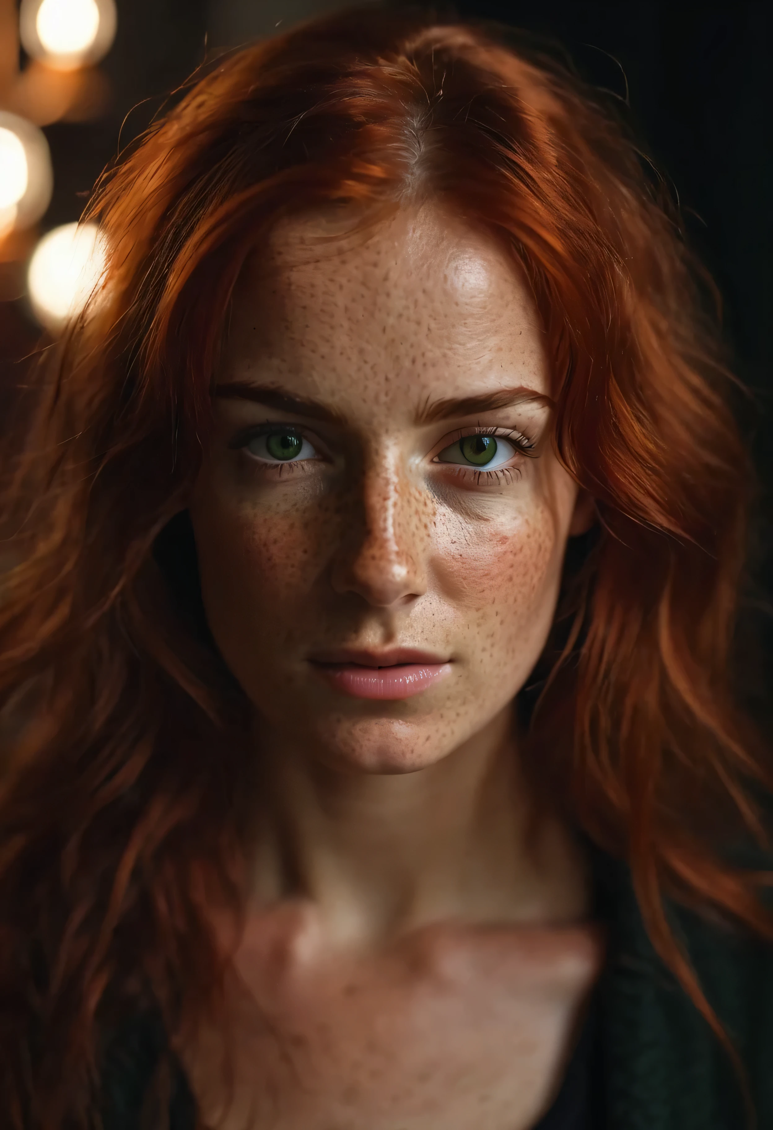 photo, 8k, sharp focus, beautiful, Russian woman in close-up, with lots of freckles and loose red hair, (detailed eyes: 0.8), (looking at the camera: 1.4), (higher quality), (better shadow ), dark green eyes, edge lighting, two-tone lighting, low lighting, discreet, intricate details, interior, (realistic: 1.3), 8k,