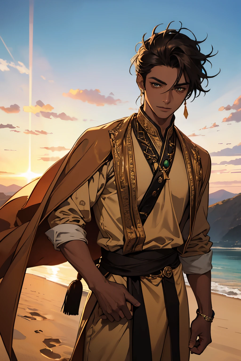 (highres),dark-skinned 30-year-old man, short dark brown hair swept to the side, green eyes, tanned bronze skin, seductive smile, wearing oriental desert clothing, stylish yellow attire, standing in a mystical desert landscape at dusk, with sand dunes stretching as far as the eye can see, highlighted by the warm golden rays of sunset, the man exudes an aura of mystery and allure as he gazes into the distance, his confident posture and captivating eyes leaving a lasting impression on those who behold this masterpiece of an image.