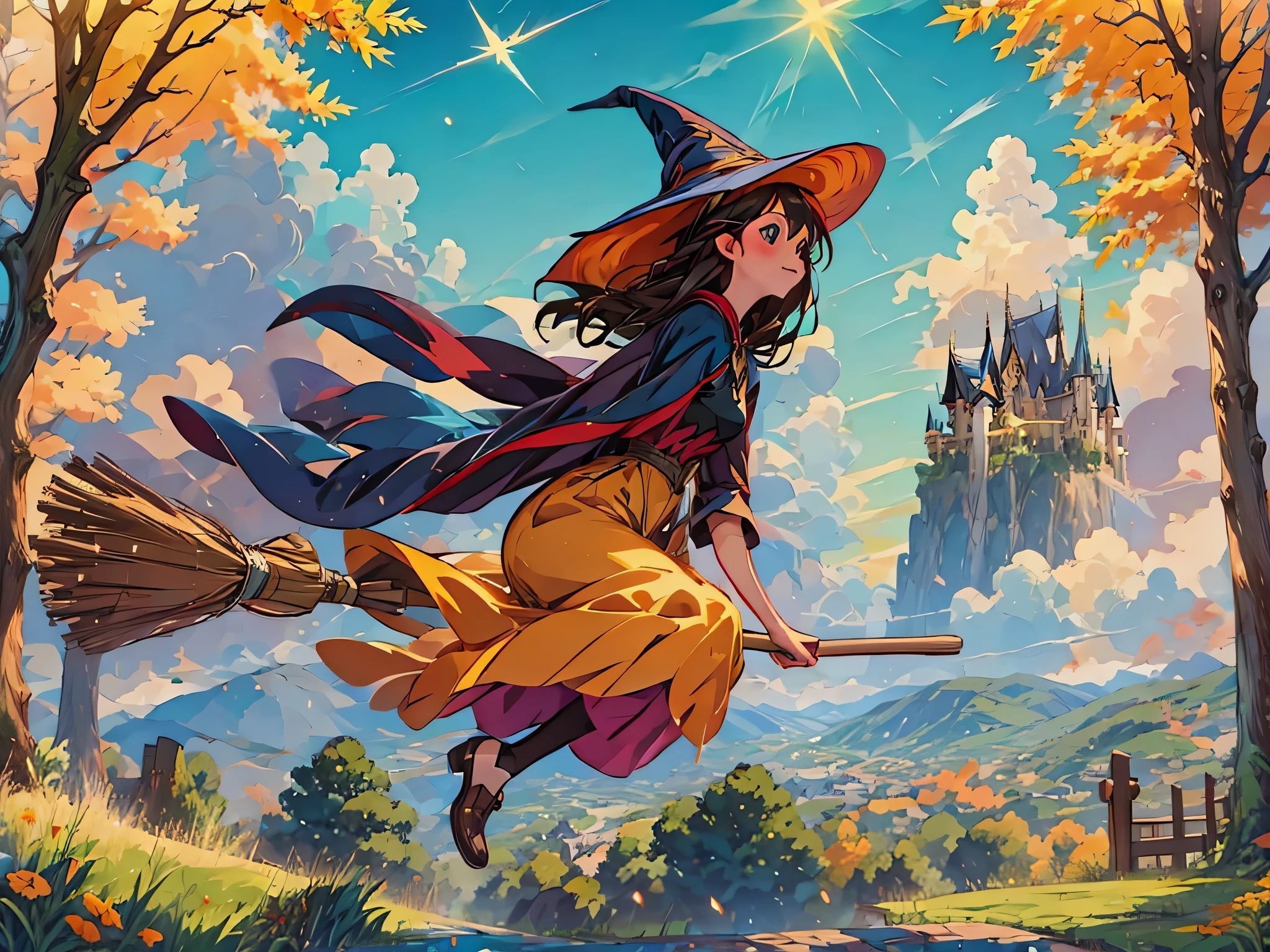 1 girl, alone,Flying Witch,Broom ride,nice background,outdoors,magic effect,light,beautiful,shine,get used to it,forest,(masterpiece, highest quality:1.2), 