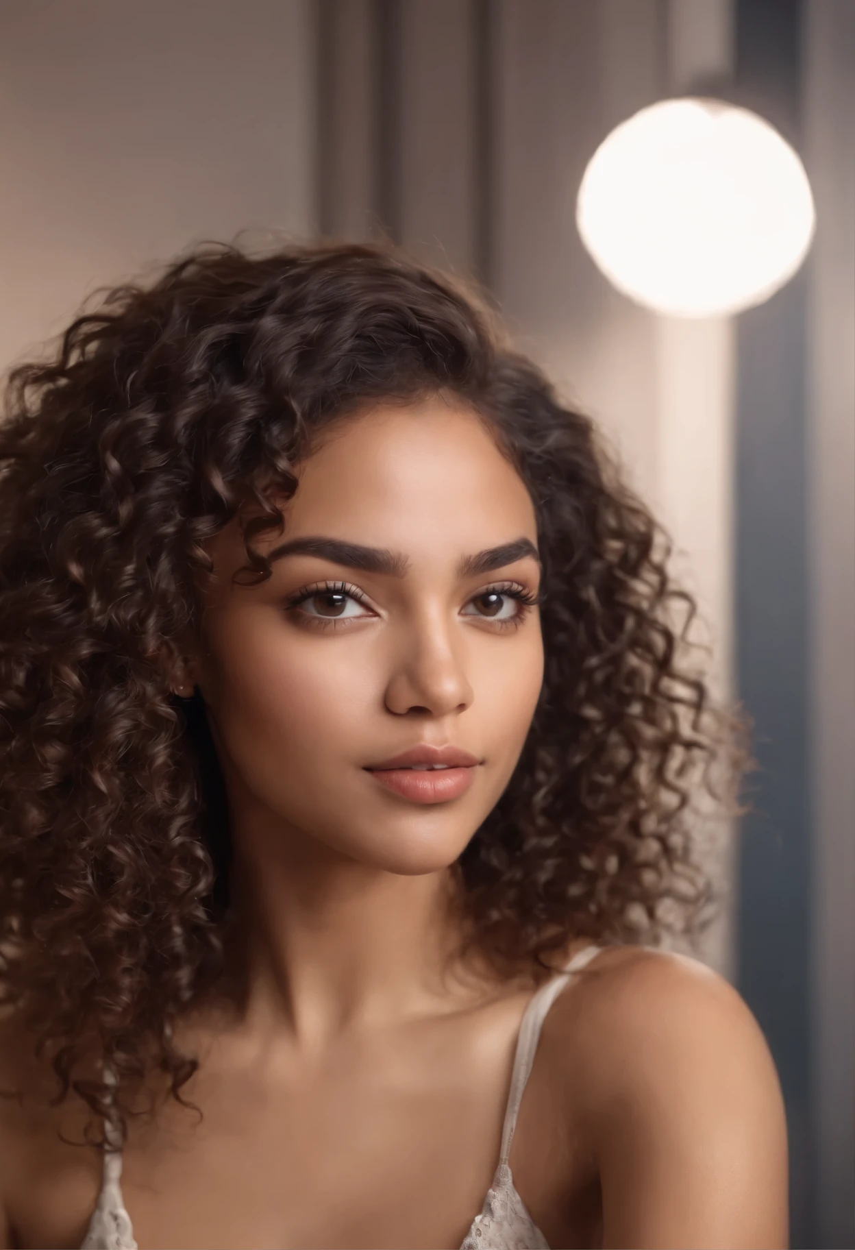 brownskin ebony 1girl, selfie photo hyper realistic curly long rown hair mirror photos 8k ultra hd