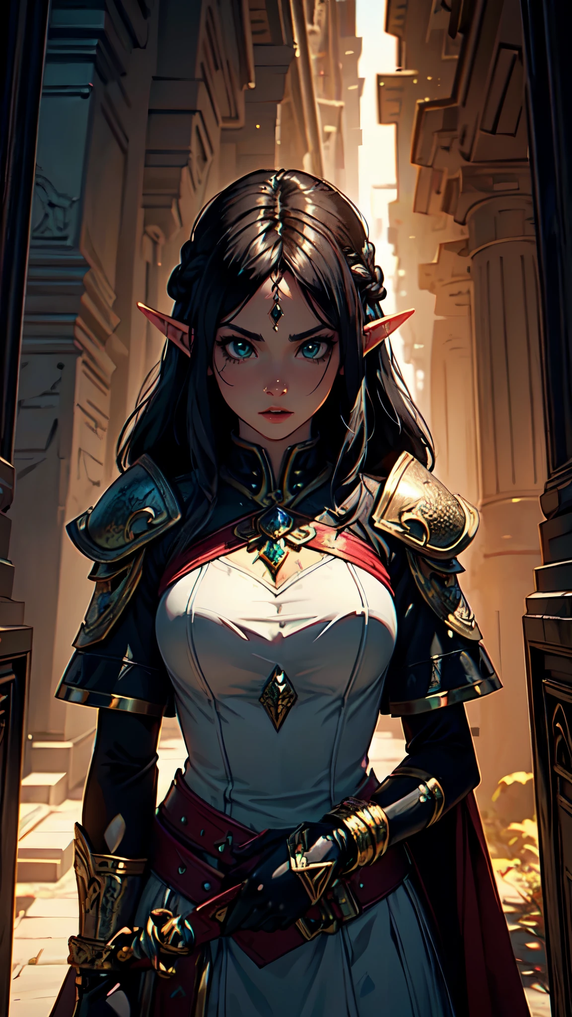 arafed, high details, best quality, 8k, [ultra detailed], masterpiece, best quality, (extremely detailed), dynamic angle, ultra wide shot, RAW, photorealistic, fantasy art, d&d art, a wide angle picture of a half elf cleric in  a temple near the lake, female, half elf (Masterpiece 1.5, intense details), black haired, green eyes, braided hair, long hair (Masterpiece, intense details), cleric, templar (1.3 Masterpiece, intense details dnd art), casting a spell (1.4 Masterpiece, intense details dnd art), wearing white plate mail armor with sigils ( 1.5 Masterpiece, intense details), carrying flaming sword (Masterpiece 1.5, intense details), wearing white cloak with sigilasterpiece 1.4, intense details), holy symbol, standing near a lake (Masterpiece 1.5, intense details), dawn light, backlight, dynamic angle, reflection (1.5 Masterpiece, intense details) glowing light, high details , ray tracing, reflection light, silhouette, wide shot, panorama, Ultra-Wide Angle, high detail, award winning, best quality, HD, 8K, 3D rendering, high details, best quality, highres, ultra wide angle, 3D rendering, [[anatomically correct]]