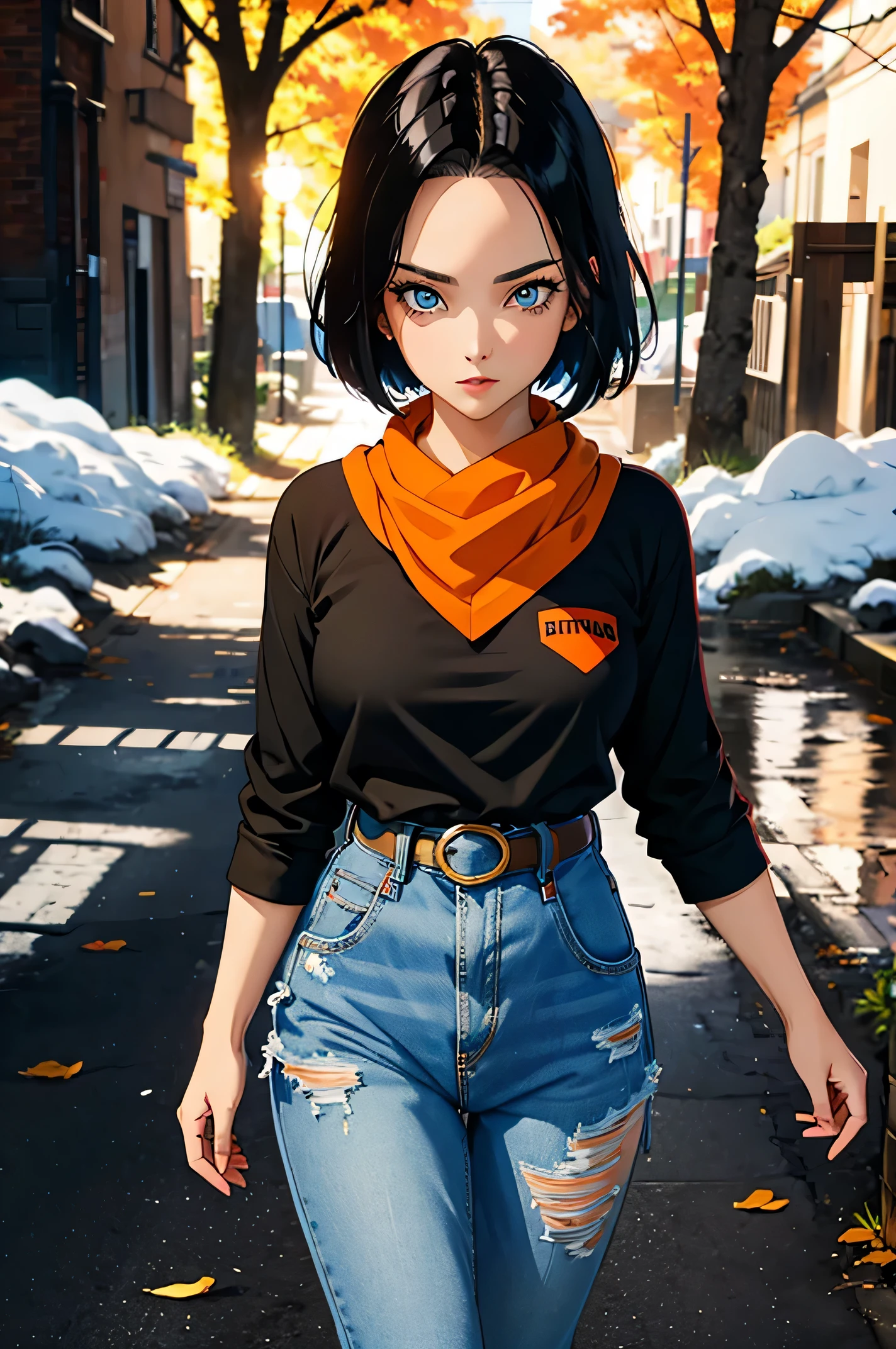 (masterpiece), best quality, expressive eyes, perfect face, highres, 1 girl, solo, android 17 girl, (female body:1.3), blue eyes, black hair,parted hair,short hair, black shirt, jeans, layered shirt, white sleeves,orange bandana, blue sneakers, green socks, brown belt, red patch, outdoor, landscape, standing, portrait, looking at the viewer