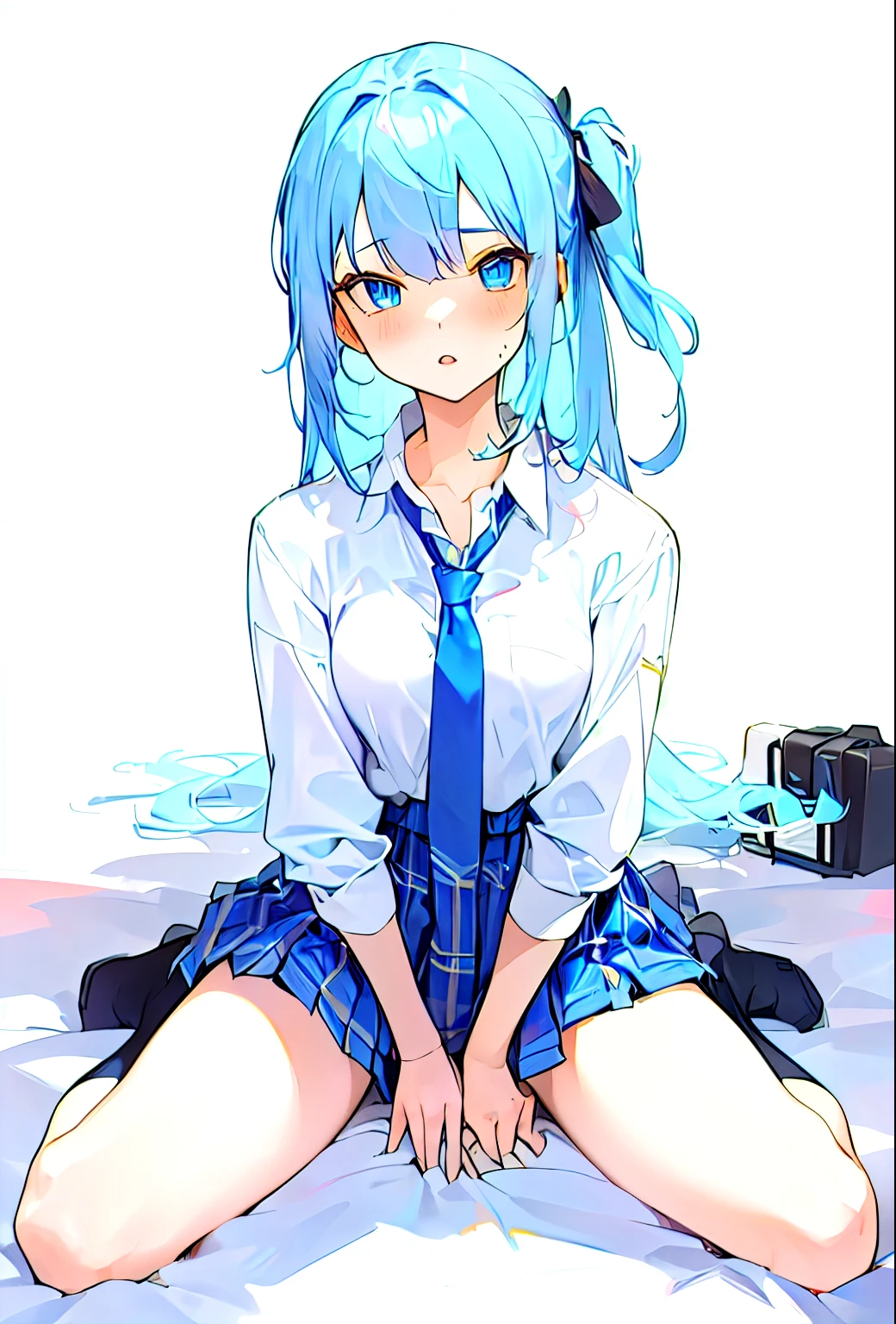 masterpiece, highest quality, NSFW, a cute dog girl, woman ,, aqua hair, flat chest, blue eyes, dog ears, alone, 1 girl, cute, school uniform, short sleeve shirt , dog girl, masturbation, vibrator, skirt lift,{{{droopy dog ears}}},aqua year,(furry),light blue and white skin