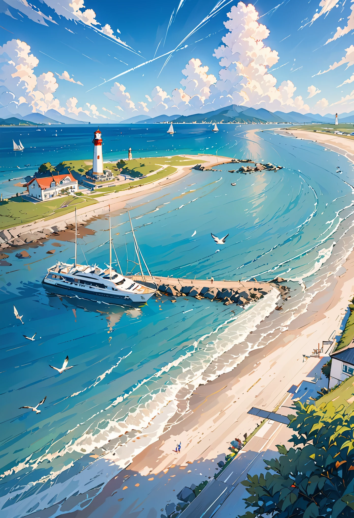 (masterpiece, top quality: 1.1), Aerial View, asymmetrical, blue sea, low tide, waves, sea route, Coastal roads, beach, shell, pier, yacht, Boat, Boat尾迹, 沉Boat, 汽Boat, contrail, car, tourists, lighthouse, seagull , horizon, wind, summer, have, morning, sunny, cloud, calm, fresh air, depth of field